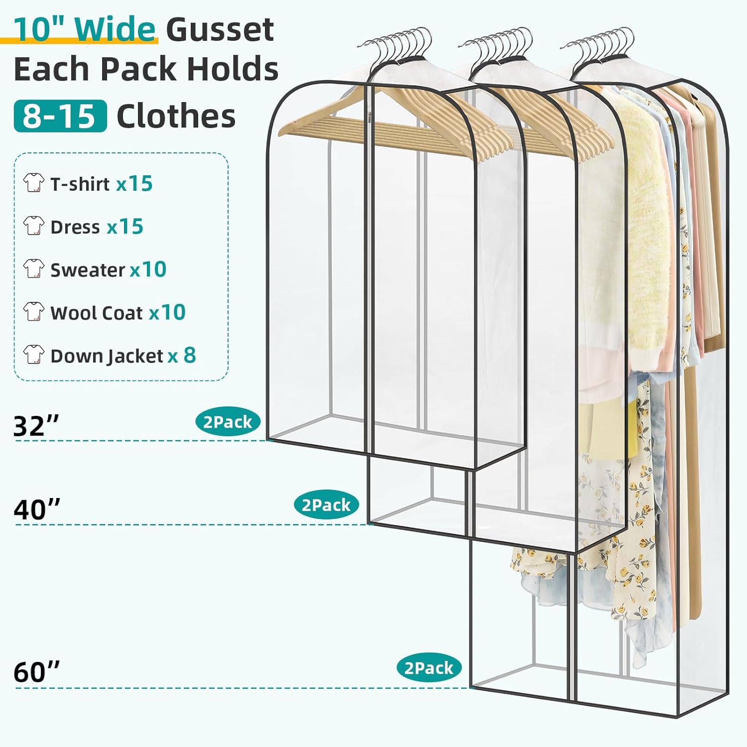 LANDNEOO 6 Pack Clear Garment Bags for Hanging Clothes with Zippers on Double Sides - 10%27%27 Clothes Storage for Coat