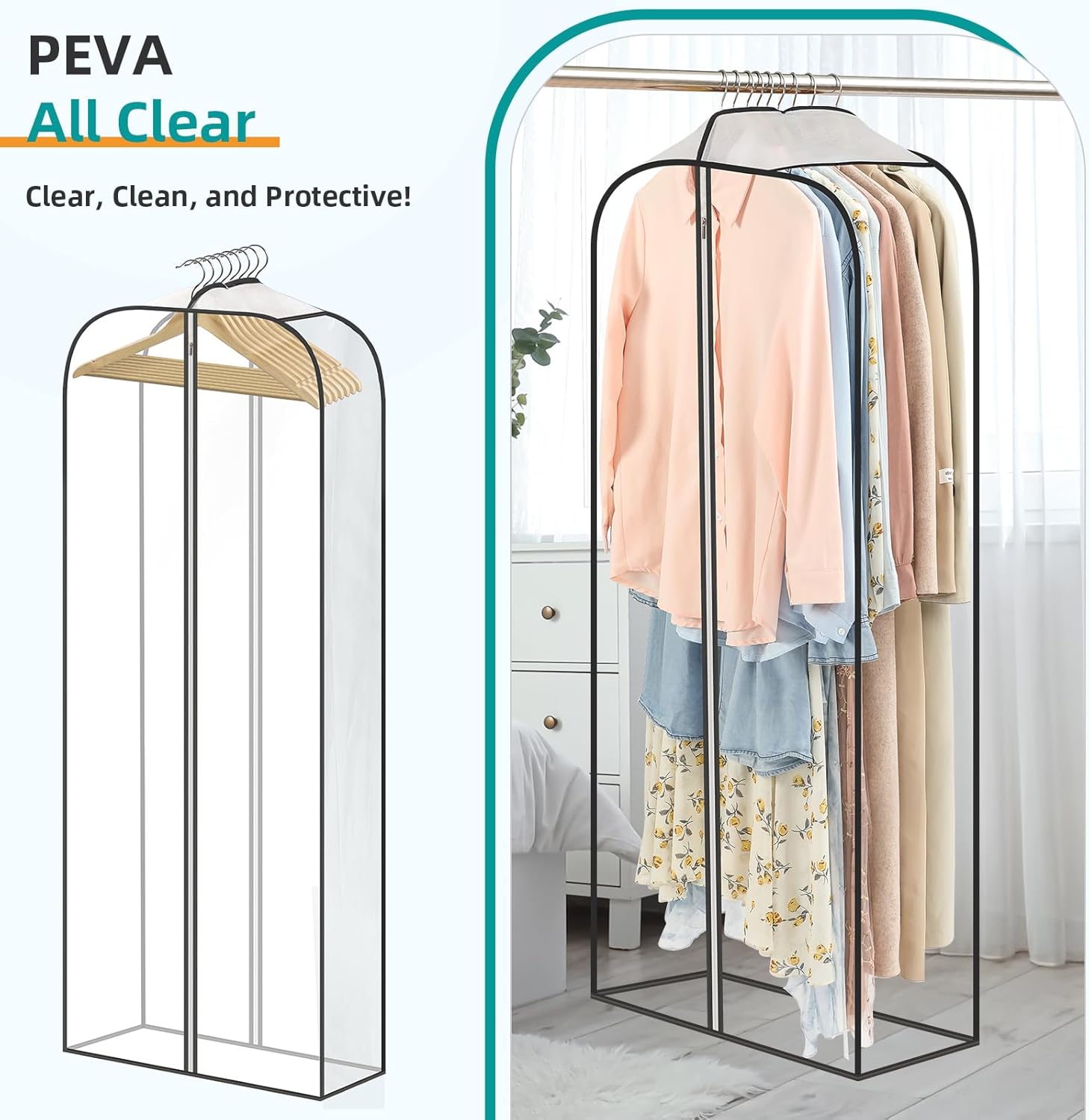 LANDNEOO 6 Pack Clear Garment Bags for Hanging Clothes with Zippers on Double Sides - 10%27%27 Clothes Storage for Coat