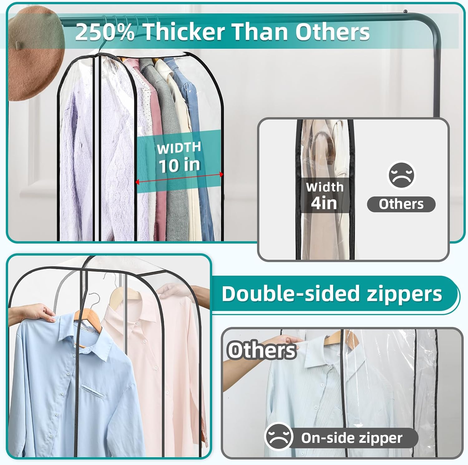 LANDNEOO 6 Pack Clear Garment Bags for Hanging Clothes with Zippers on Double Sides - 10%27%27 Clothes Storage for Coat