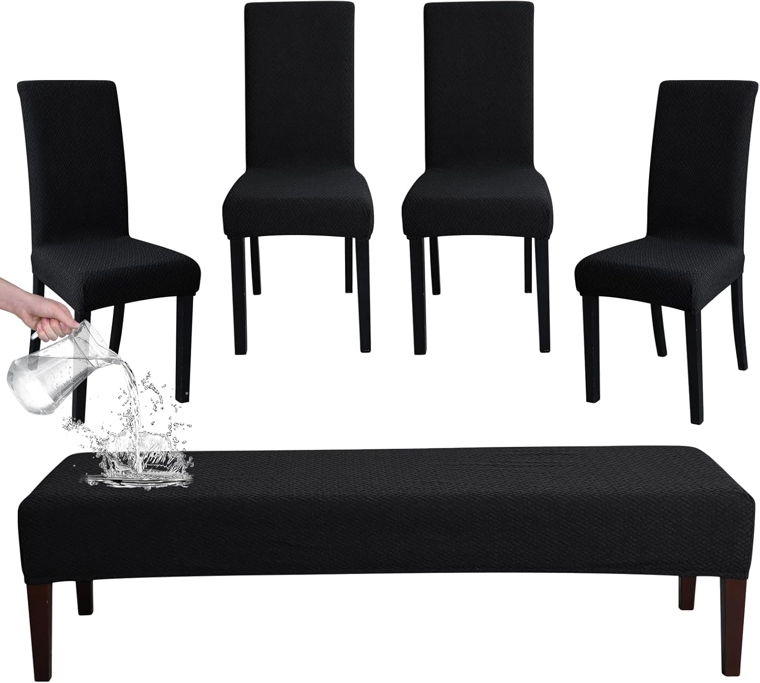 FORCHEER Dining Chair Covers and Bench Covers Set Waterproof Black Jacquard 4 Dining Room Chair and Bench Slipcover Washable FORCHEER Dining Chair Covers and Bench Covers Set Waterproof Black Jacquard 4 Dining Room Chair and Bench Slipcover Washable