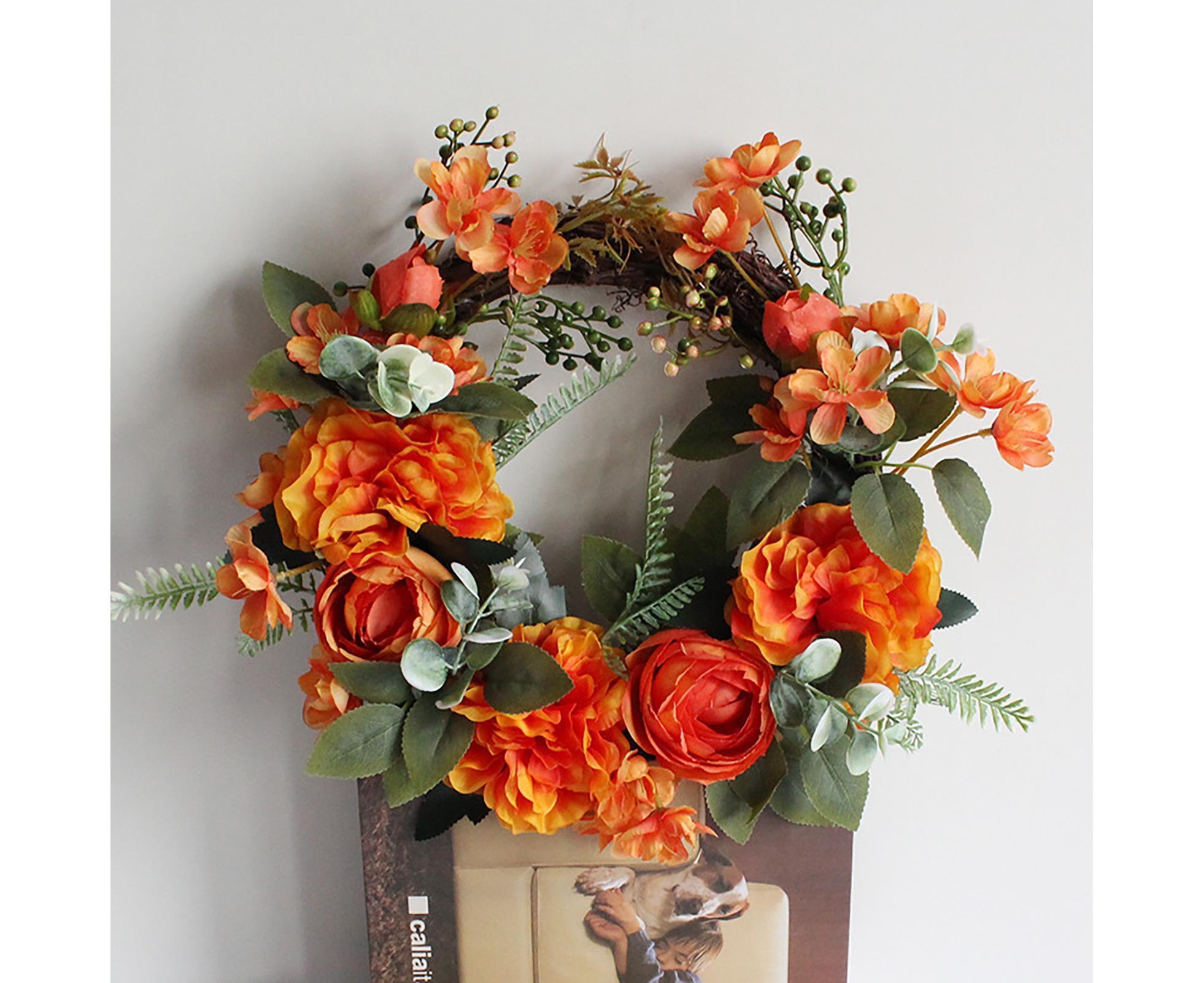 Hanging Wreath Exquisite Anti-deform Plastic Imitation Peony Flower Garland Pendant for Wedding-Dark Orange