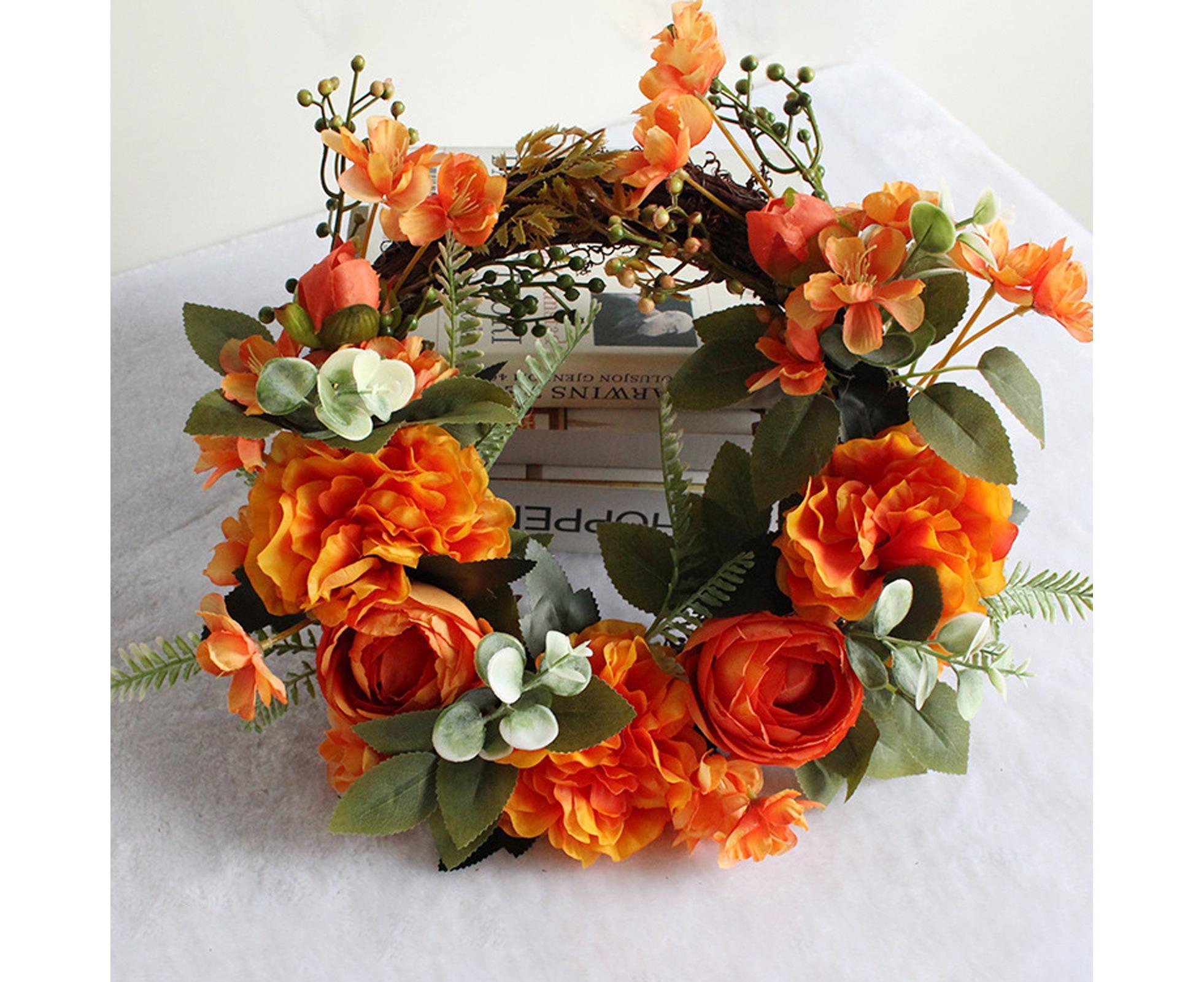 Hanging Wreath Exquisite Anti-deform Plastic Imitation Peony Flower Garland Pendant for Wedding-Dark Orange
