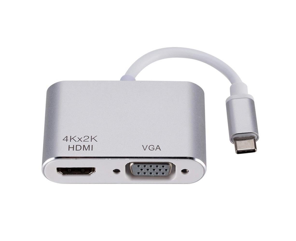 Universal USB 3.1 Type C to VGA HDMI-compatible 4K Converter Cable Adapter Cord Port HUB Silver