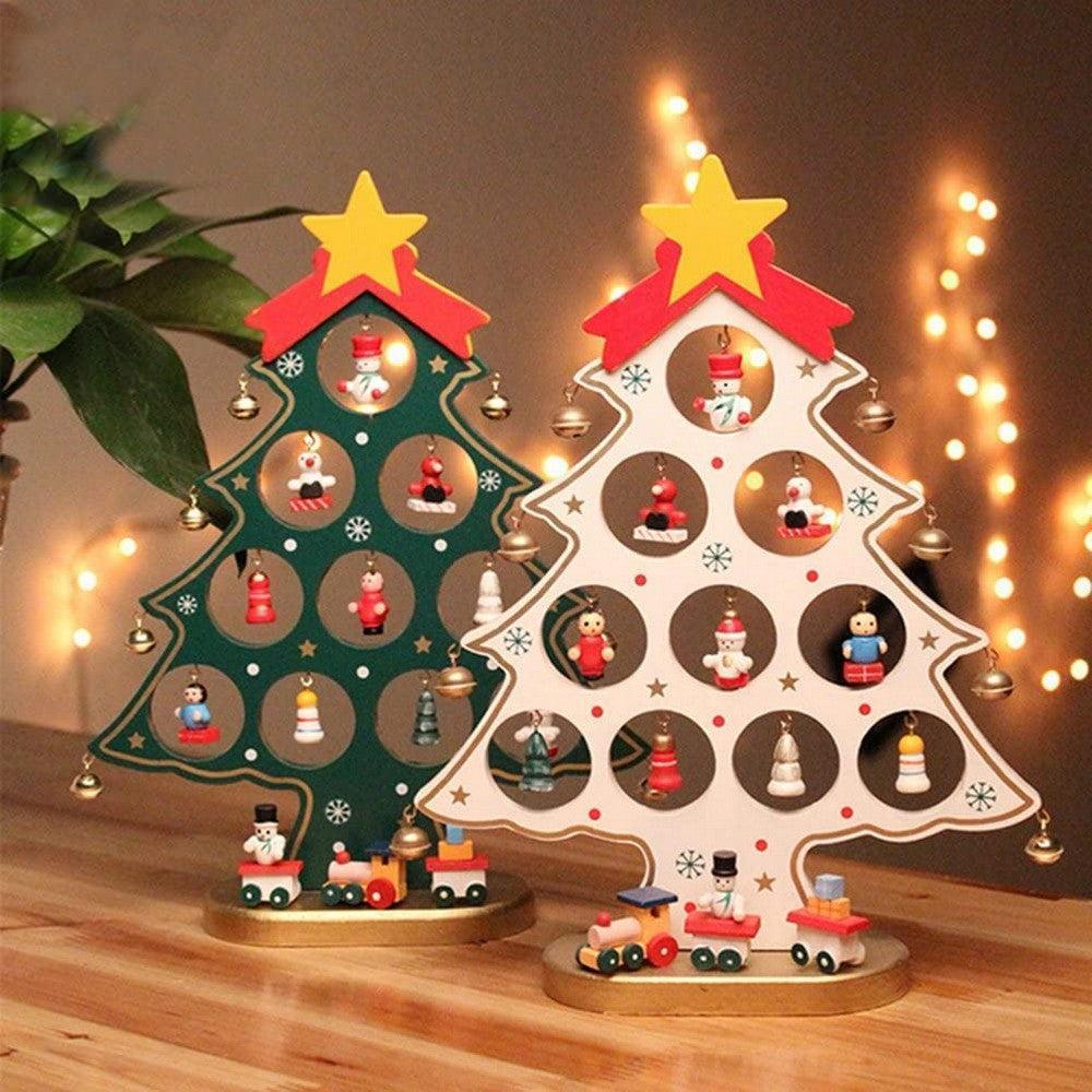 Funny Desktop Wooden Christmas Tree Decor Set with 10 Mini Ornaments - White