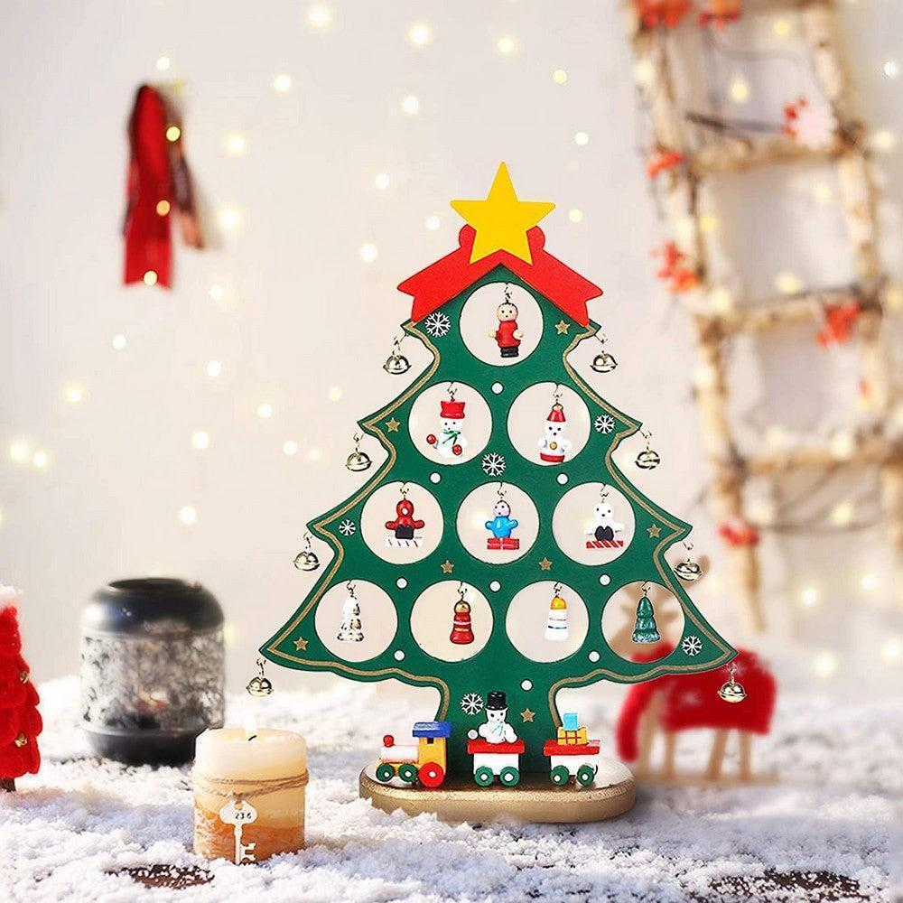 Funny Desktop Wooden Christmas Tree Decor Set with 10 Mini Ornaments - White