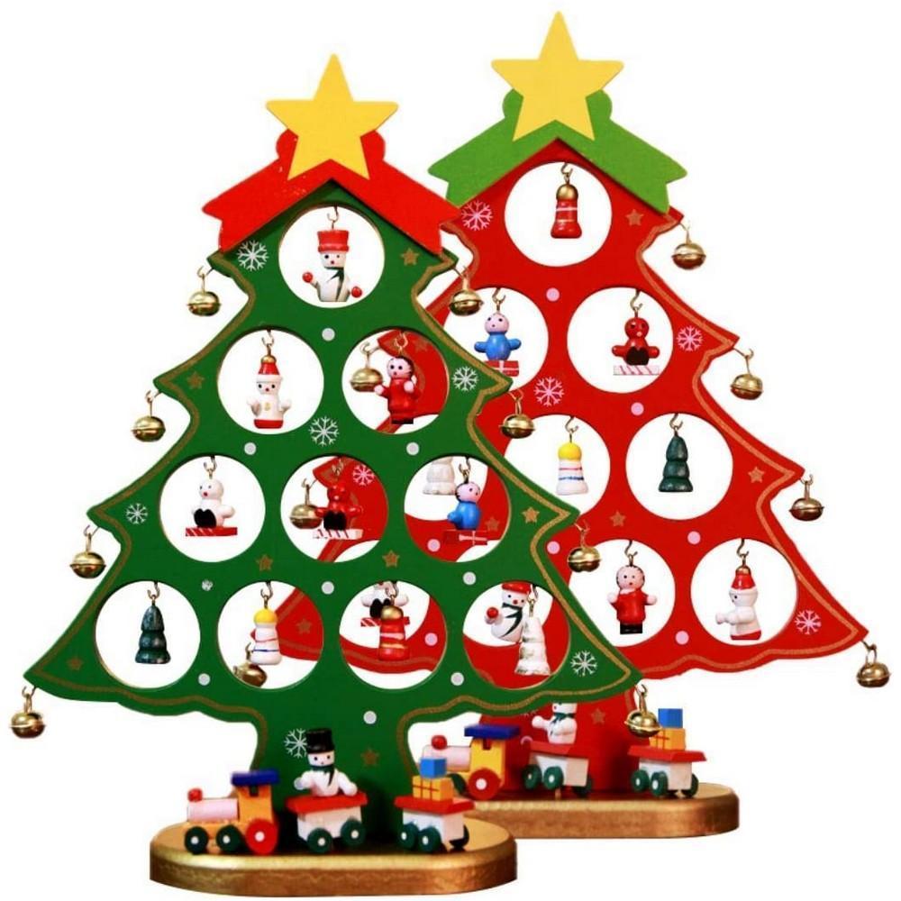 Funny Desktop Wooden Christmas Tree Decor Set with 10 Mini Ornaments - White