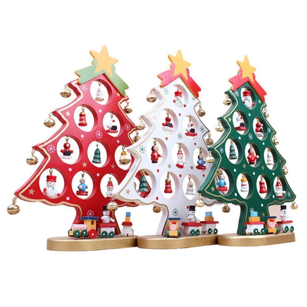 Funny Desktop Wooden Christmas Tree Decor Set with 10 Mini Ornaments - White