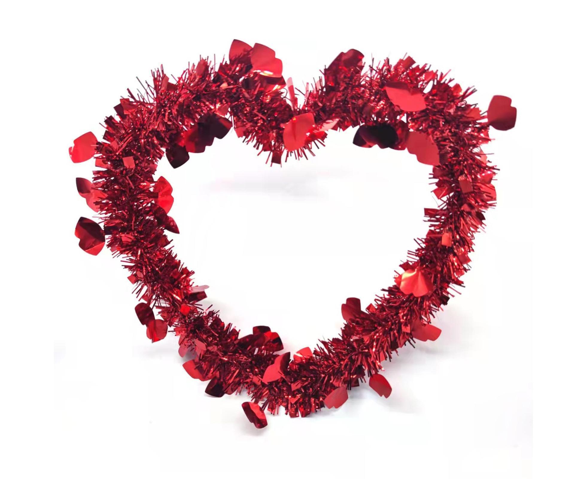 Door Hanging Wreath Romantic Heart Shape Tinsel Anti-fade Valentines Day Wreath Ornament Photography Props - Red