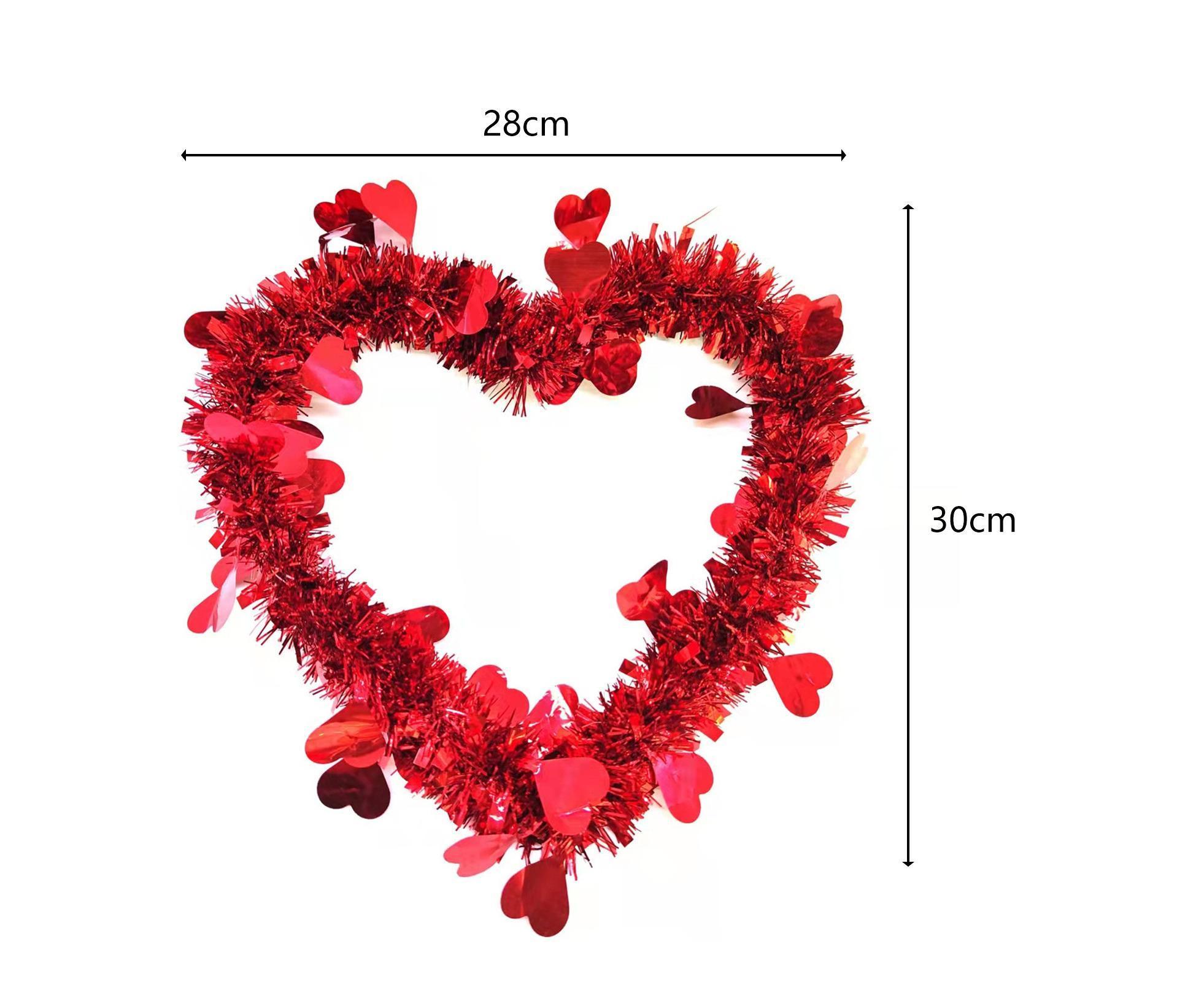 Door Hanging Wreath Romantic Heart Shape Tinsel Anti-fade Valentines Day Wreath Ornament Photography Props - Red