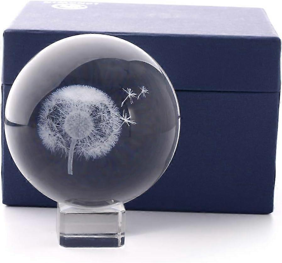 3D Dandelion Crystal Ball PaperweightLaser Engraved Glass Sphere Display Globe Meditation Ball Home Decor with Crystal Stand