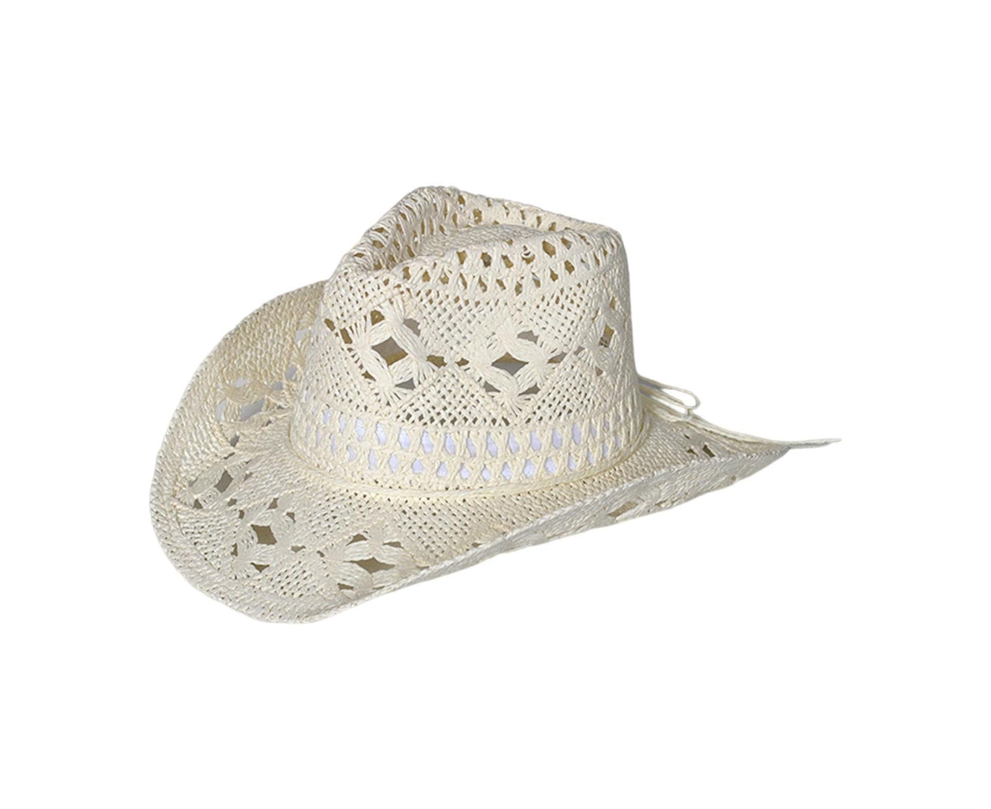 Straw Hat Ventilated Hollow Round Collapsible Western Cowboy Beach Hat Photo Props-Warm White