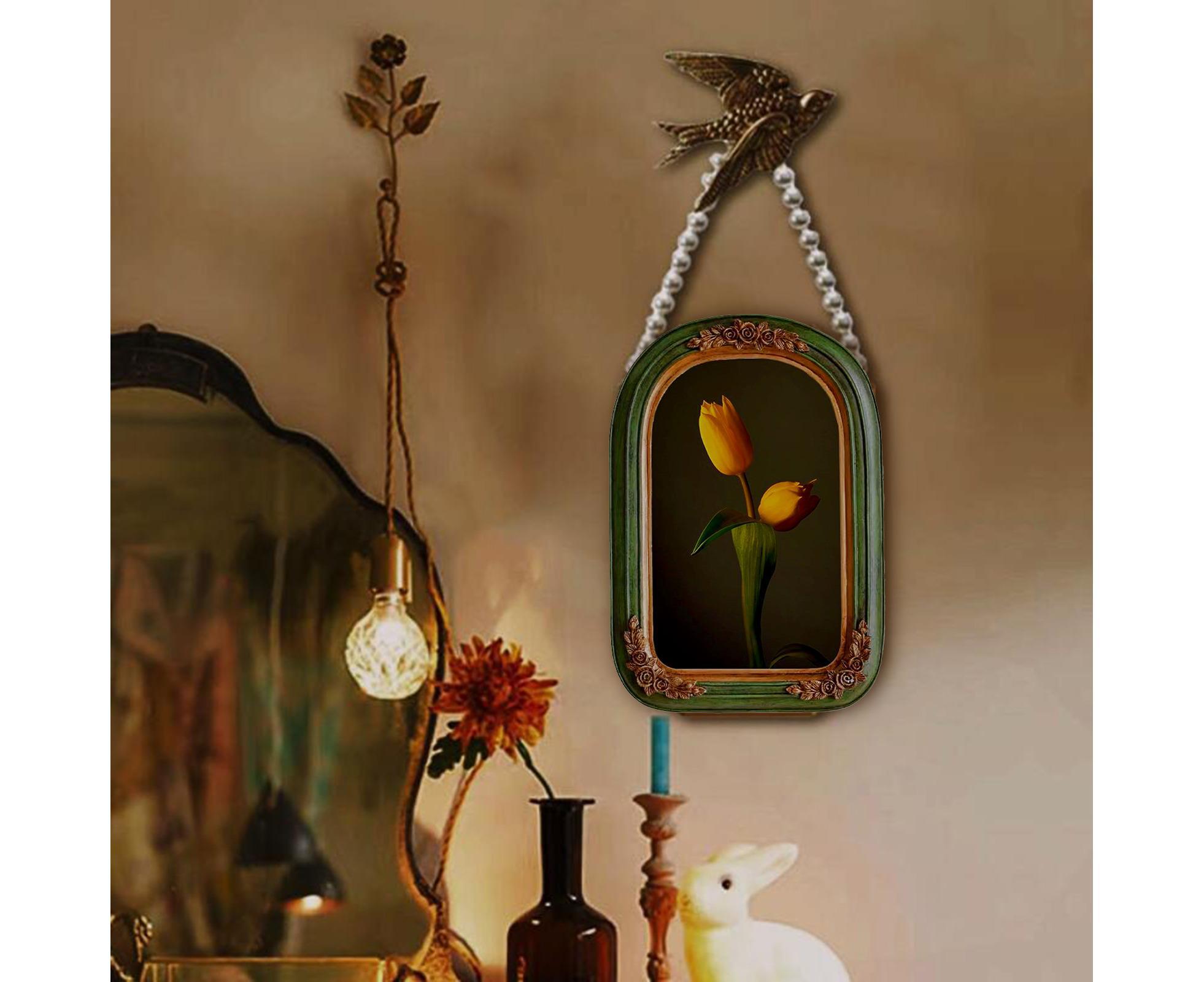 French Vintage Picture Frame Carving Flower Elegant Victorian Resin High Clarity Glass Wall Hanging Art Painting Photo Display Frame Home Decoration - Green