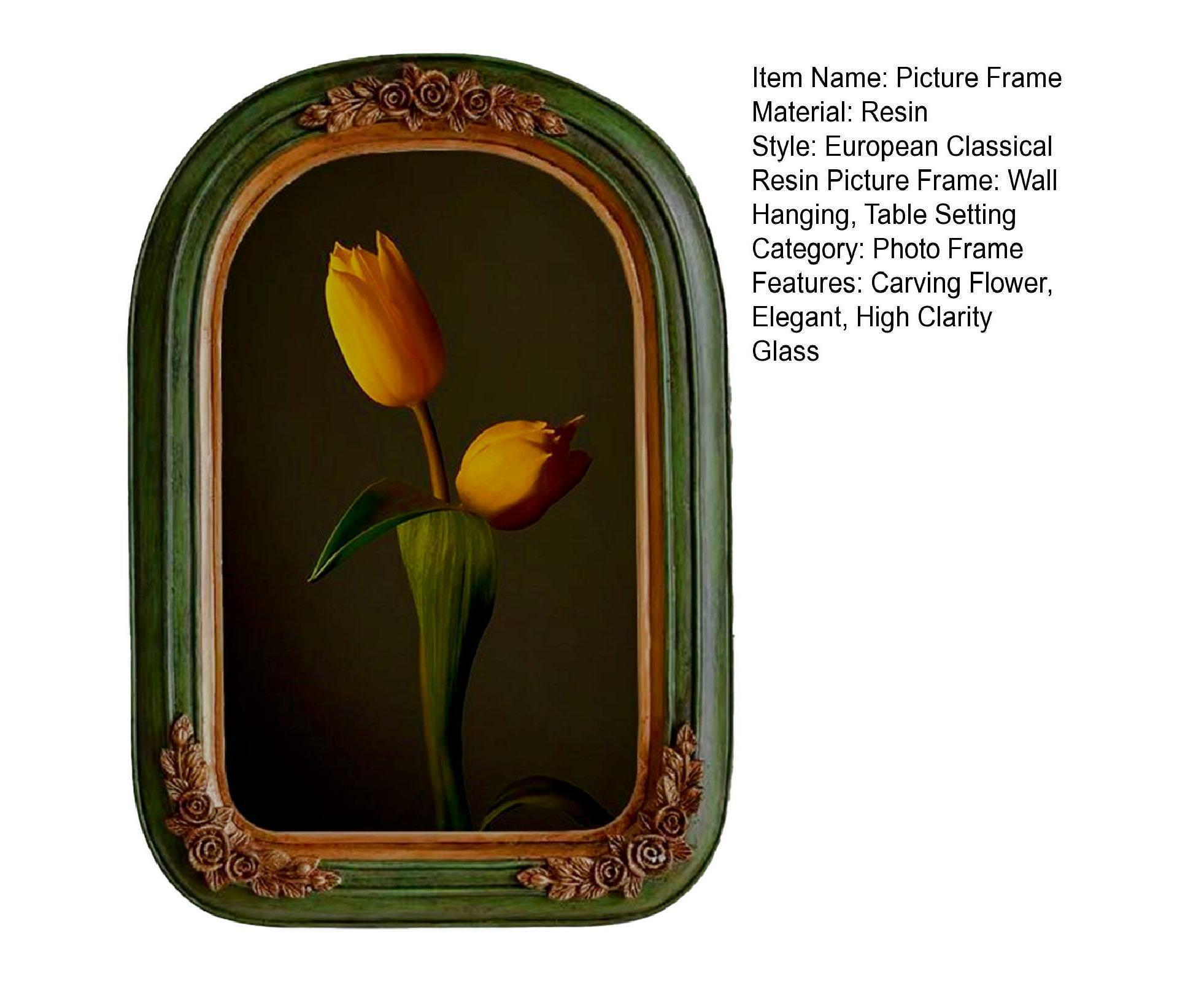 French Vintage Picture Frame Carving Flower Elegant Victorian Resin High Clarity Glass Wall Hanging Art Painting Photo Display Frame Home Decoration - Green