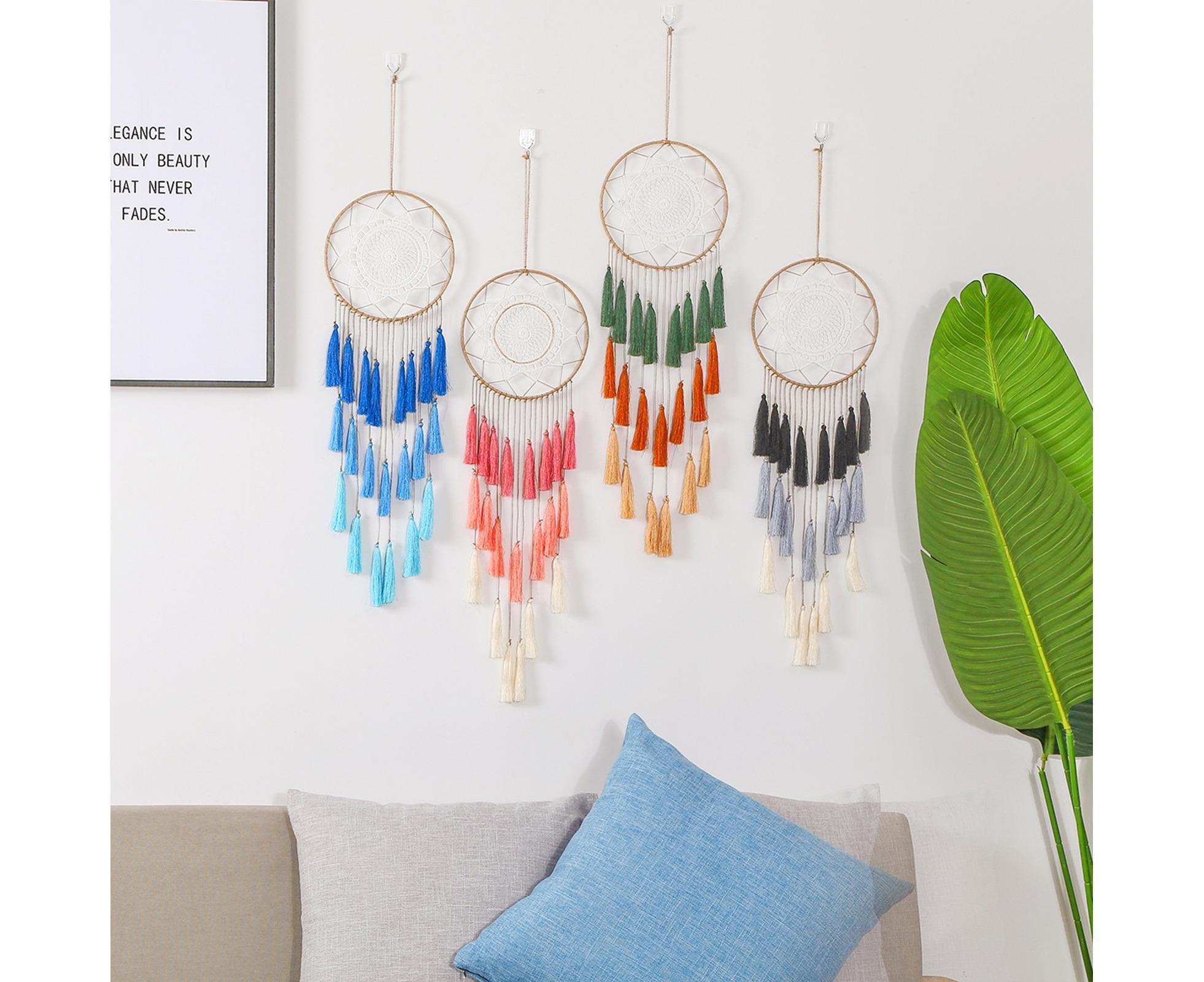 Round Handmade Wall Hanging Wind Chime Dream Catcher with Tassel Home Decor-Green Coffee*