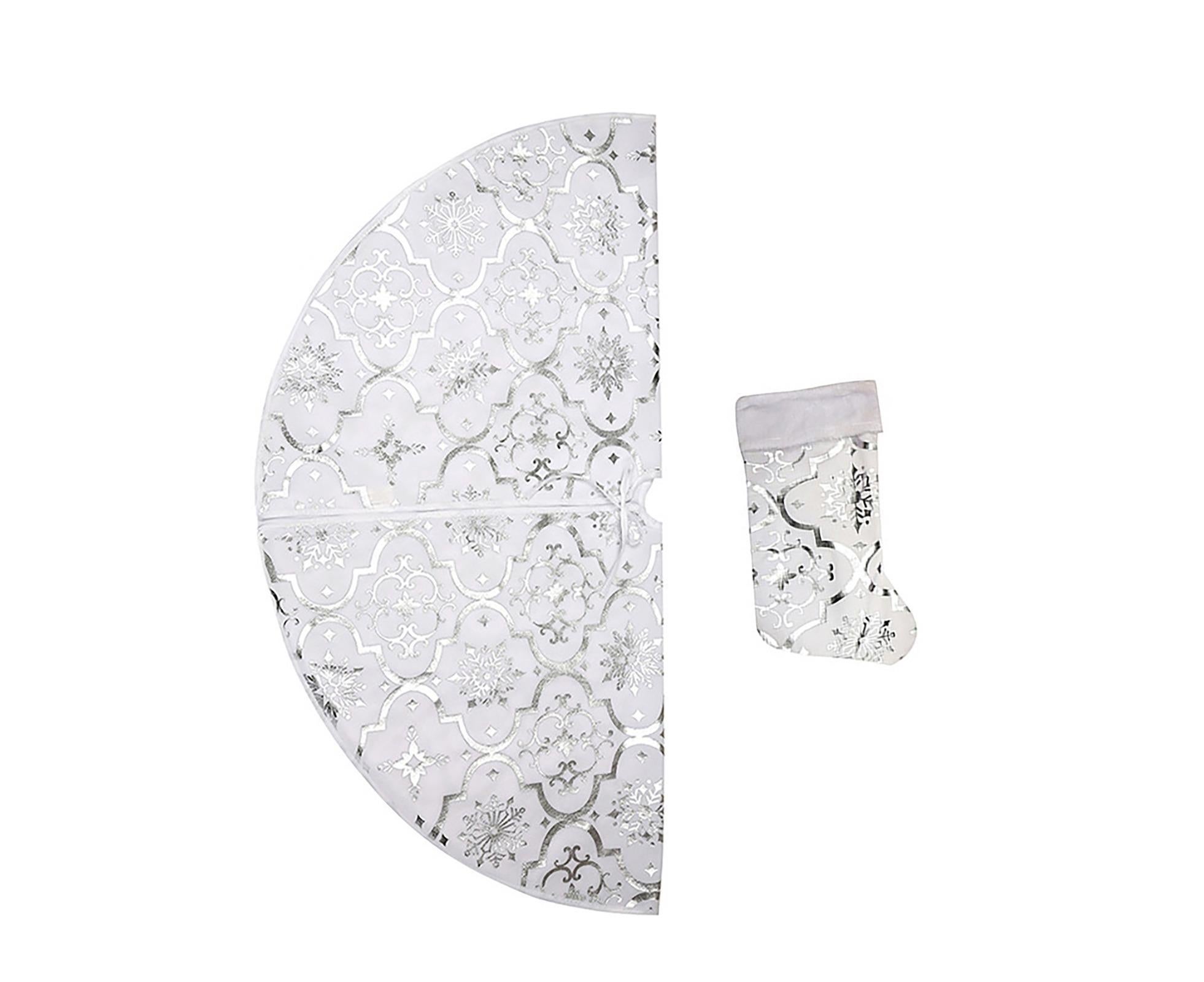 Tree Skirt Polyester Snowflake Pattern Tree Carpet-White