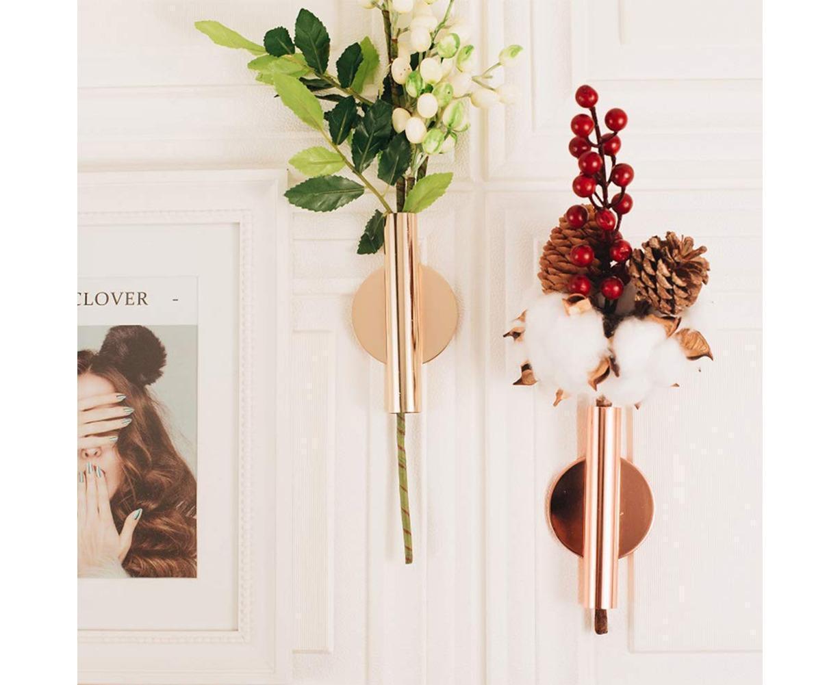 Wall Mounted Adhesive Metal Dried Flower Vase Tube Home Garden Balcony Decor-Rose Gold