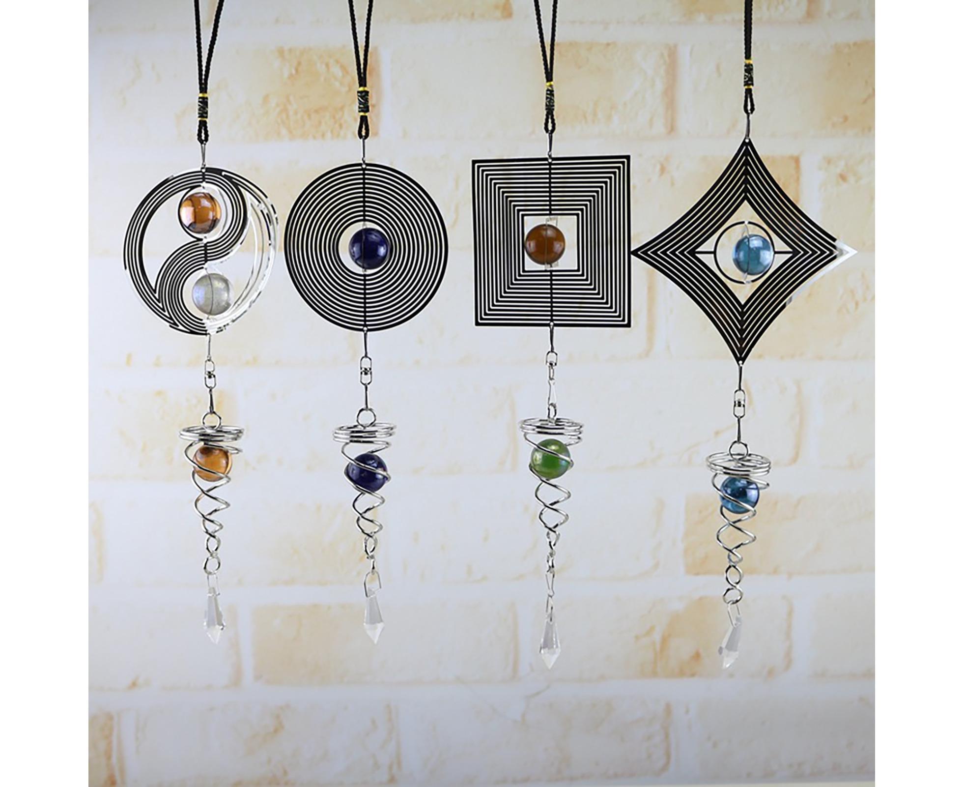Square Rhombus Rotating Metal Spiral Tail Ball Wind Chime Pendant Home Decor- A