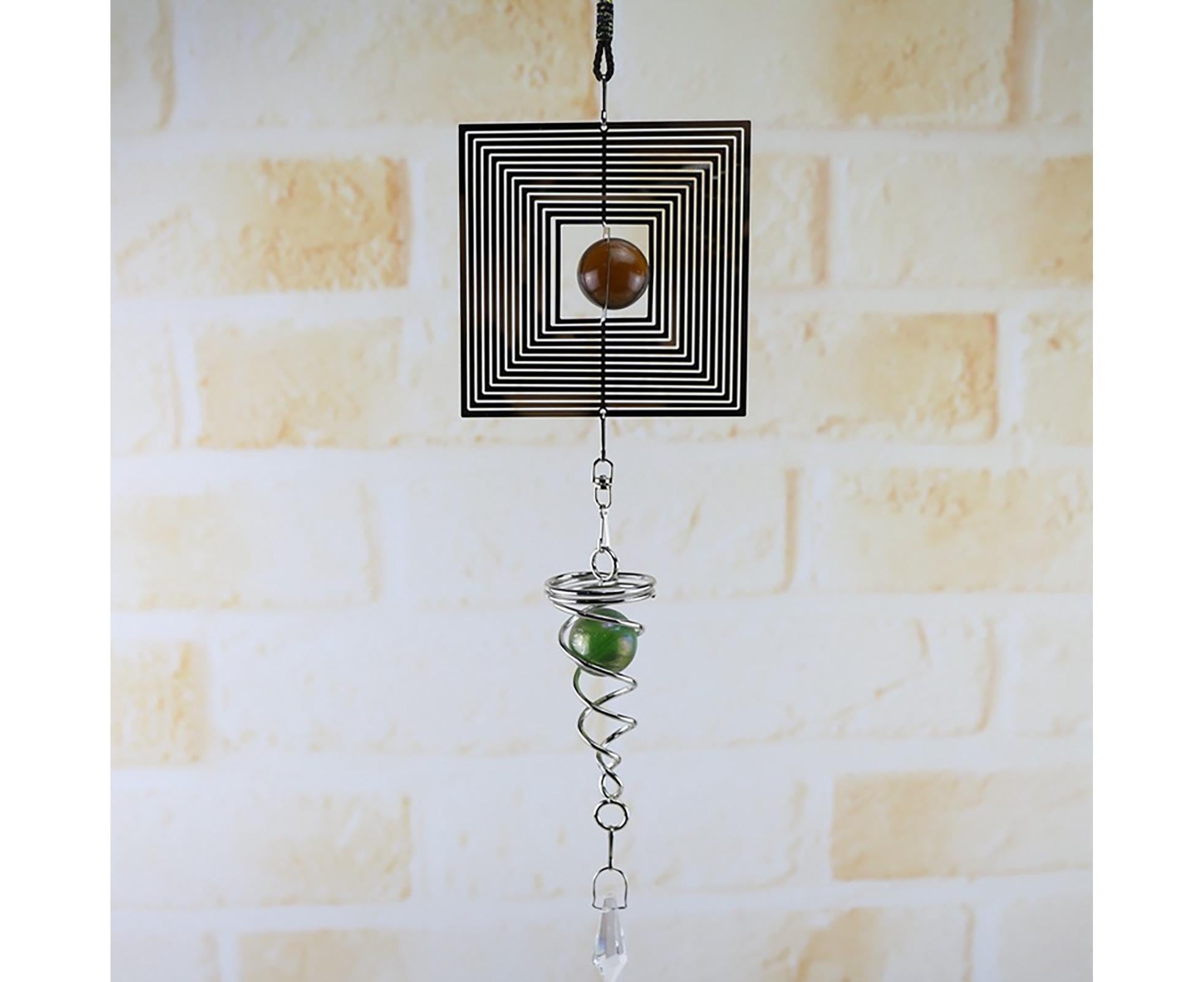 Square Rhombus Rotating Metal Spiral Tail Ball Wind Chime Pendant Home Decor- A