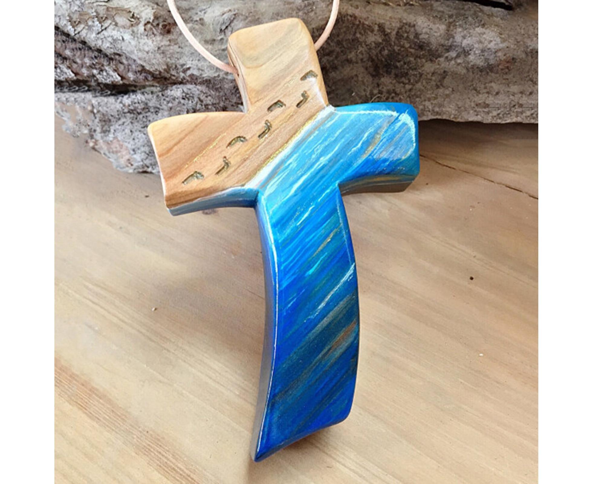 Creative Wooden Cross Polished Colorfast Decorative Wood Cross Hanging Pendant Home Decoration-Blue
