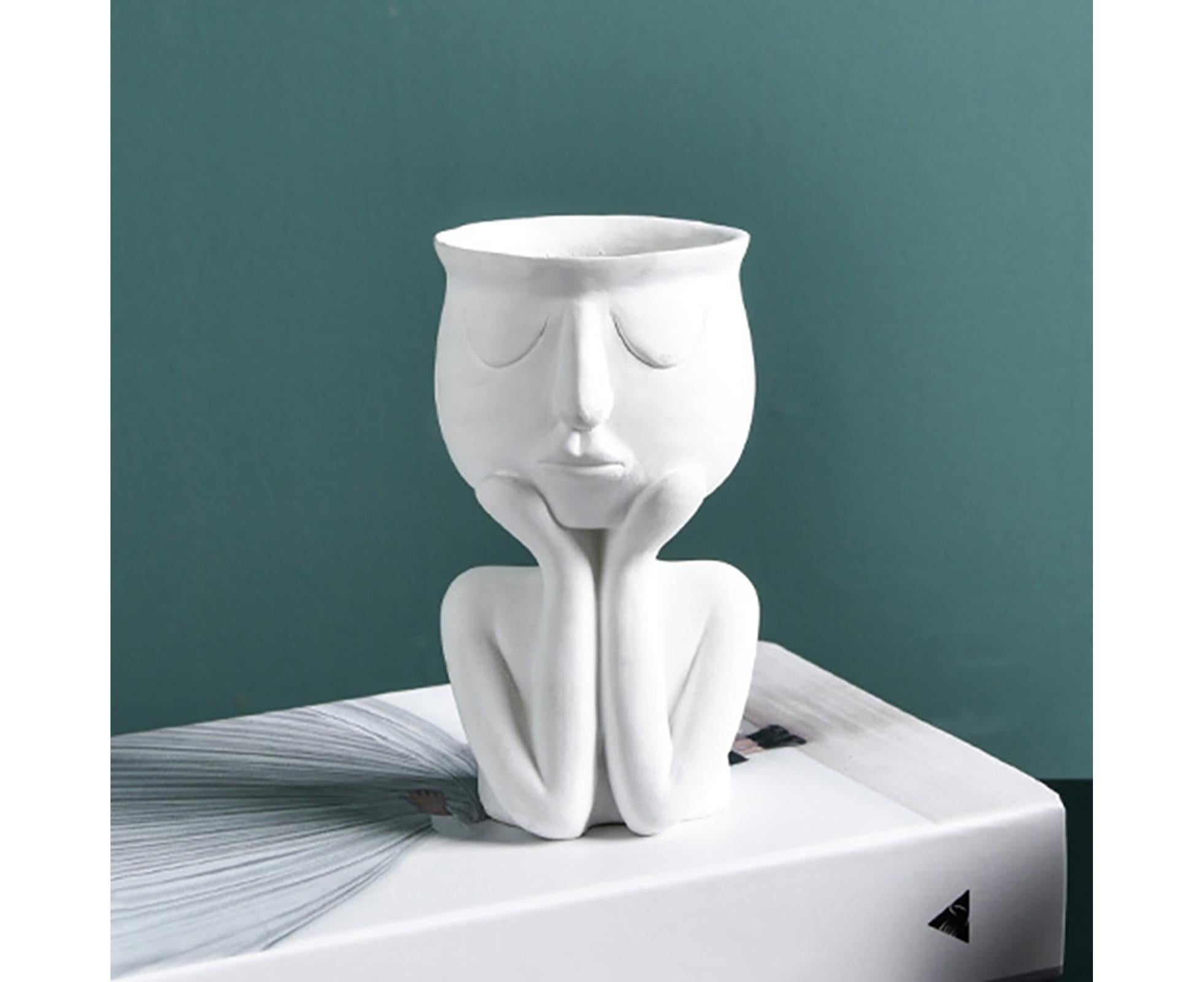 Human Think Face Ceramic Home Plants Flower Pot Vase Planter Tabletop Decoration-Red