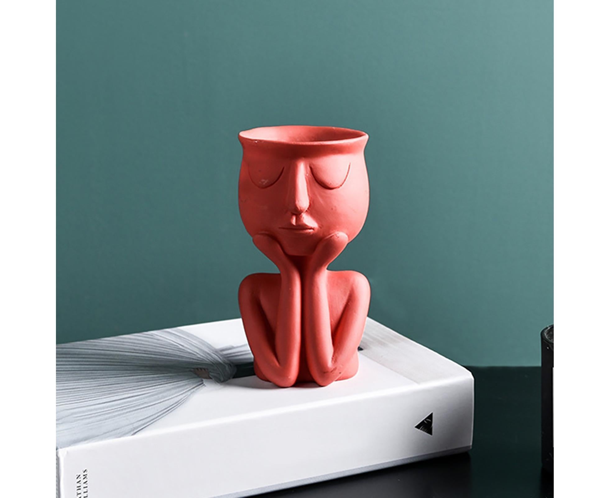 Human Think Face Ceramic Home Plants Flower Pot Vase Planter Tabletop Decoration-Red