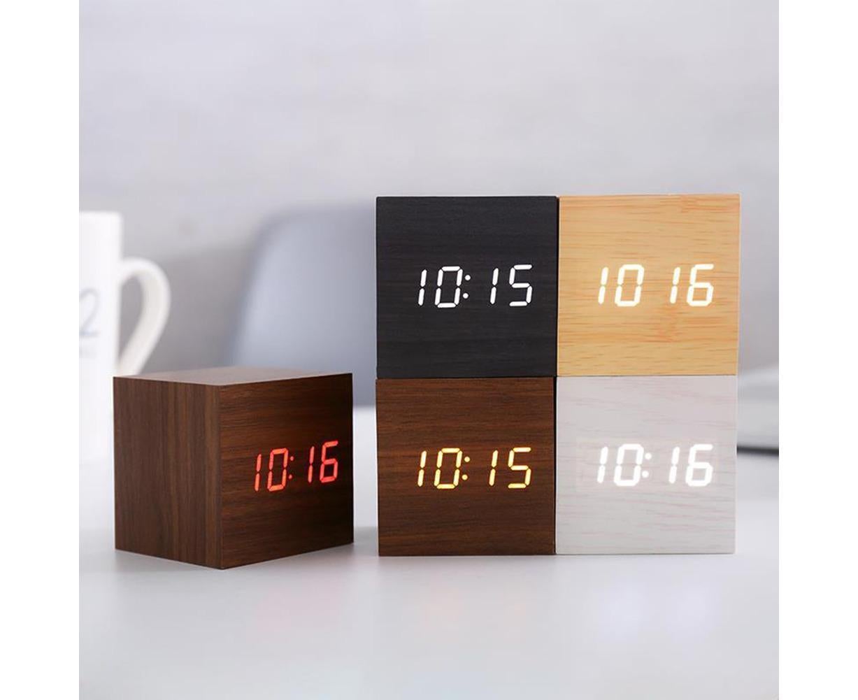Wooden Sound Control Square LED Digital USB/AAA Electronic Table Alarm Clock - Beige Yellow