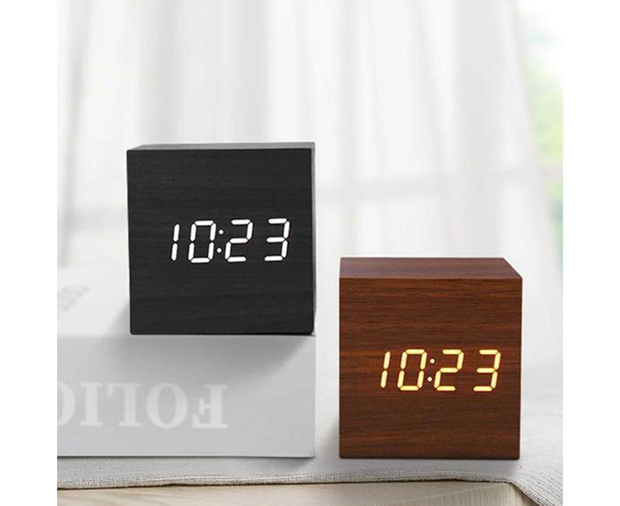 Wooden Sound Control Square LED Digital USB/AAA Electronic Table Alarm Clock - Beige Yellow