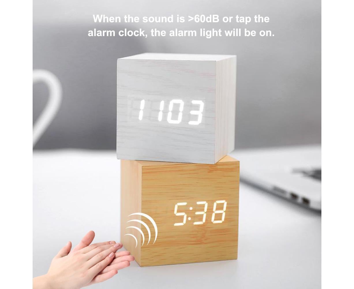 Wooden Sound Control Square LED Digital USB/AAA Electronic Table Alarm Clock - Beige Yellow