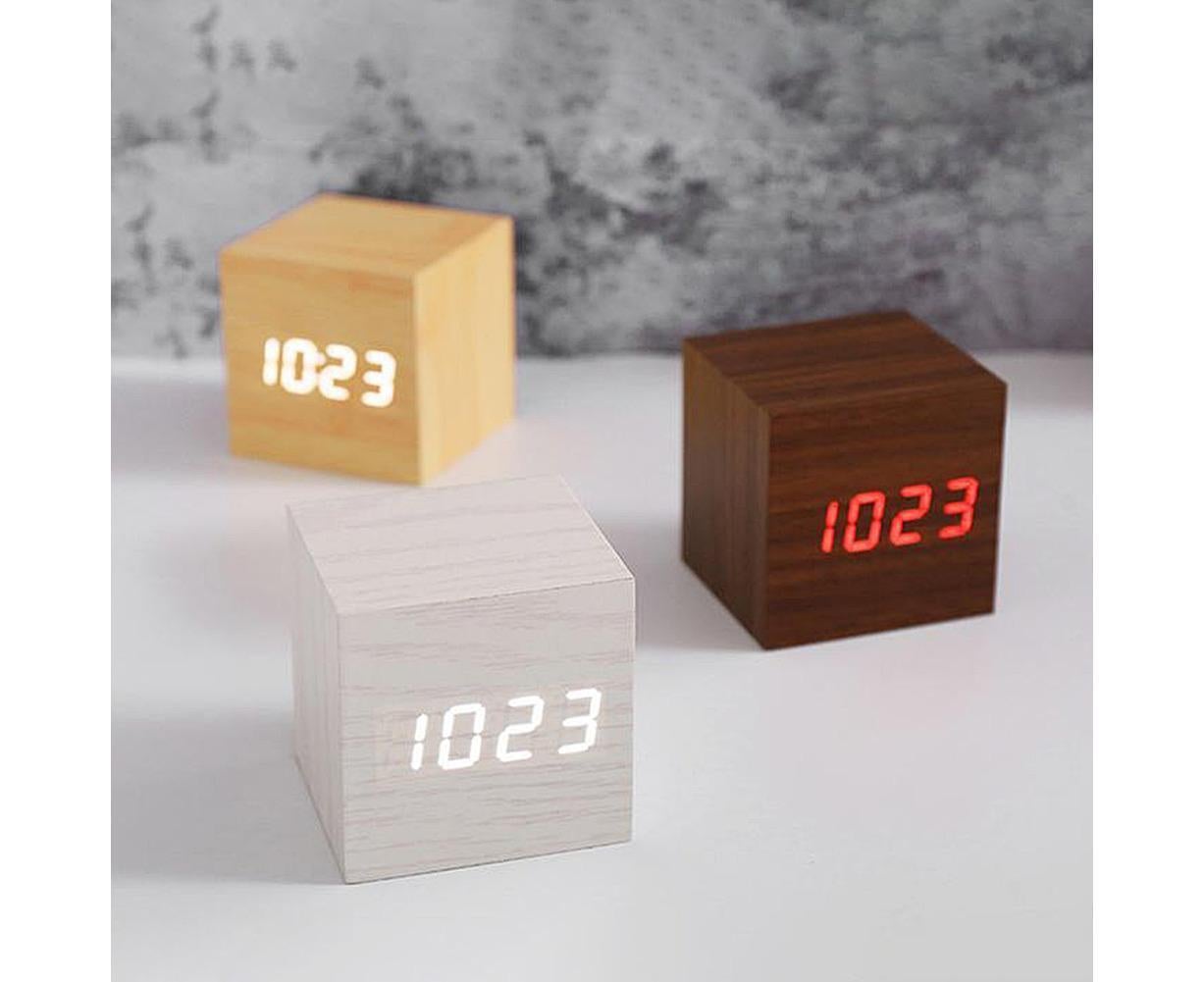 Wooden Sound Control Square LED Digital USB/AAA Electronic Table Alarm Clock - Beige Yellow