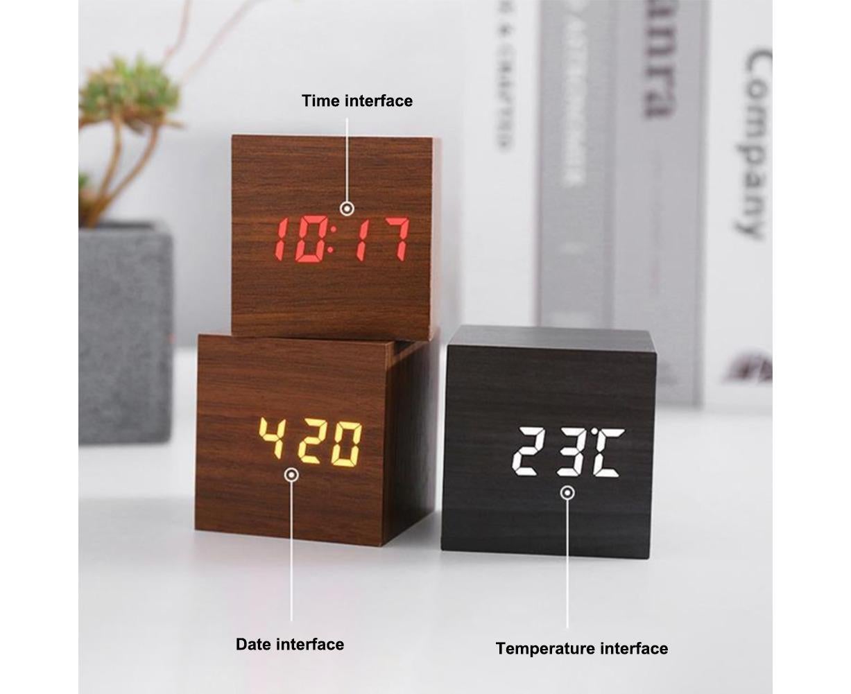 Wooden Sound Control Square LED Digital USB/AAA Electronic Table Alarm Clock - Beige Yellow