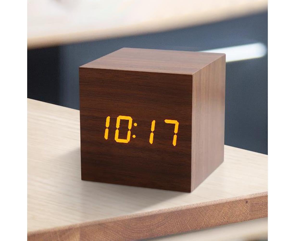 Wooden Sound Control Square LED Digital USB/AAA Electronic Table Alarm Clock - Beige Yellow