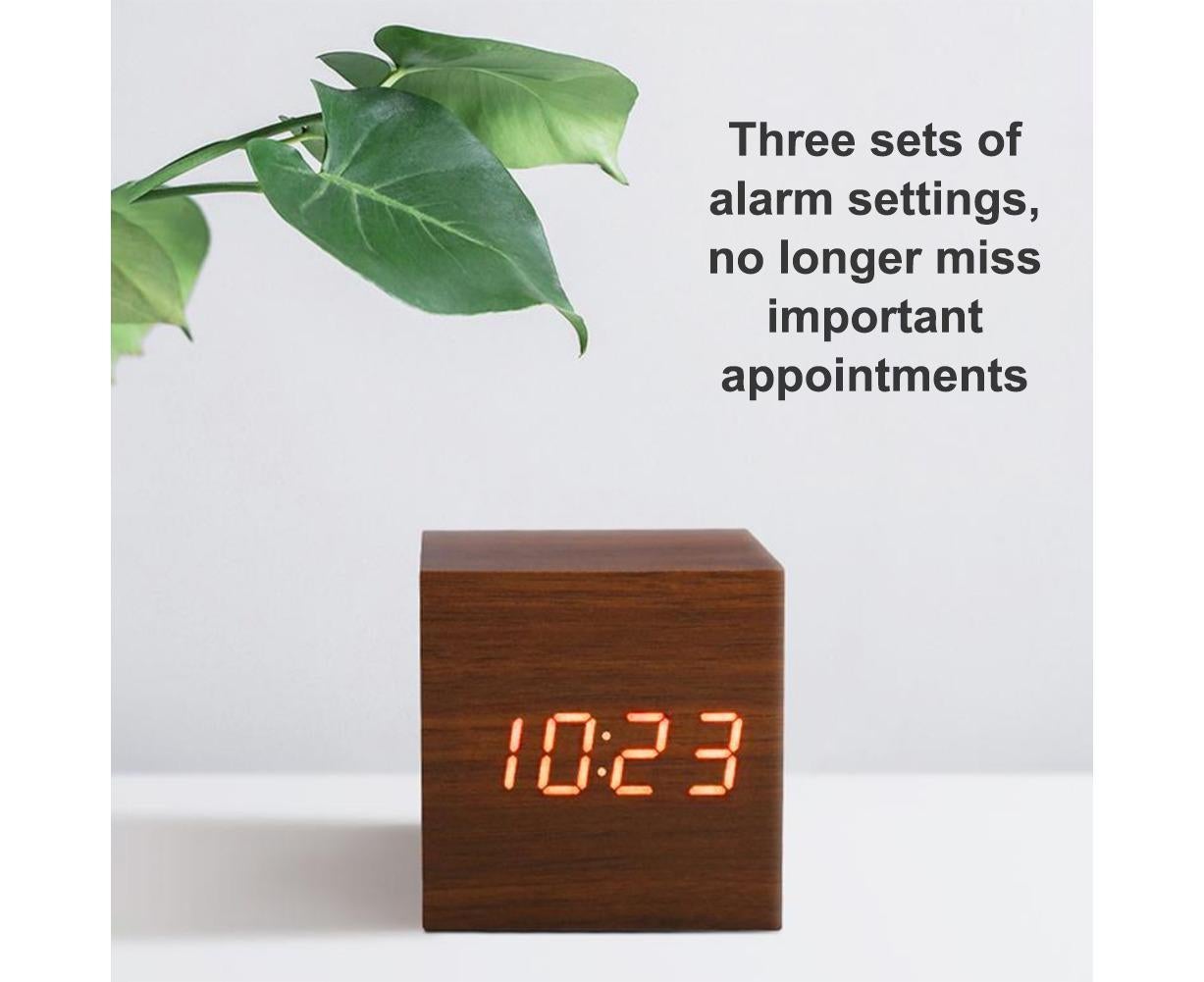 Wooden Sound Control Square LED Digital USB/AAA Electronic Table Alarm Clock - Beige Yellow