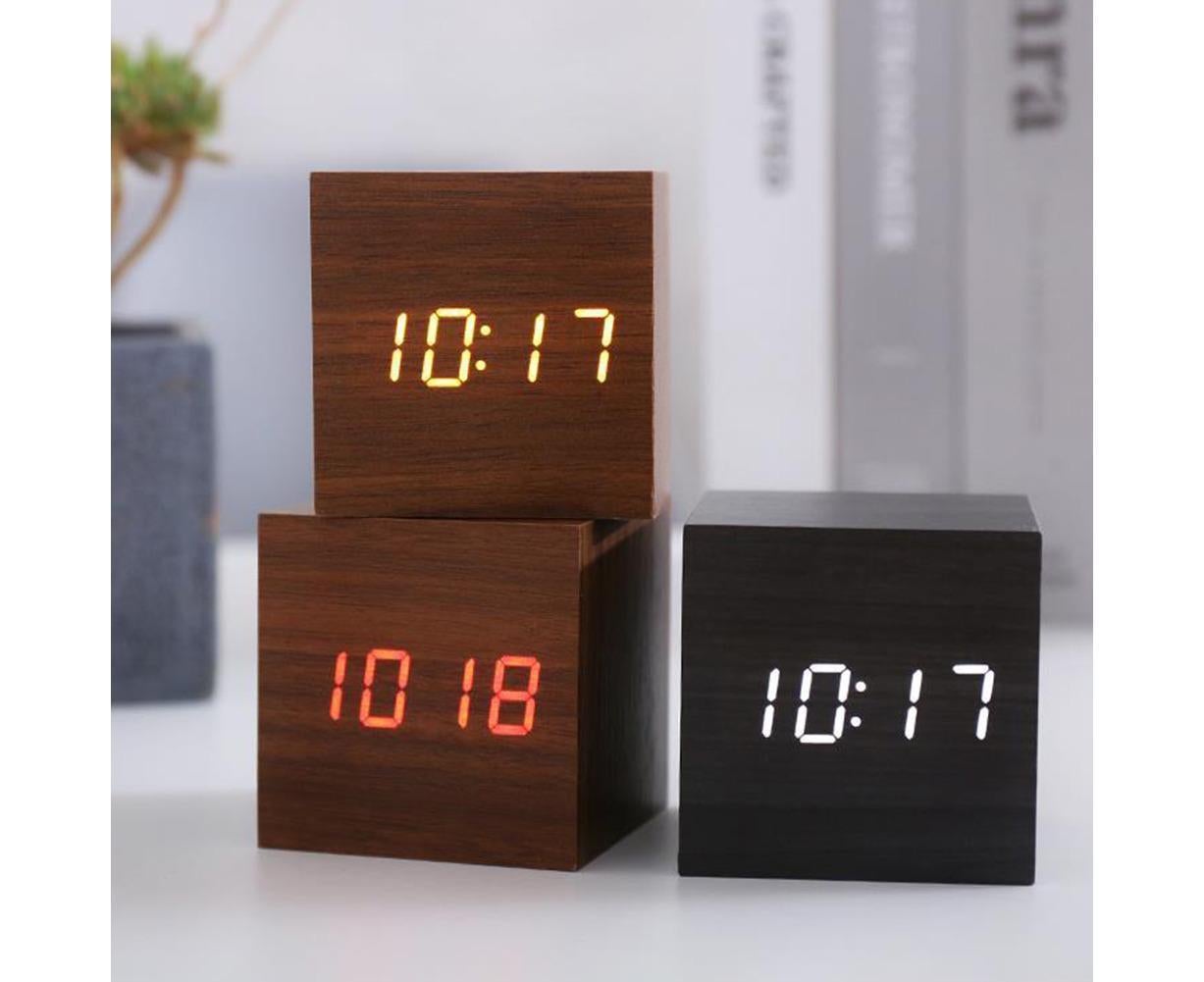 Wooden Sound Control Square LED Digital USB/AAA Electronic Table Alarm Clock - Beige Yellow