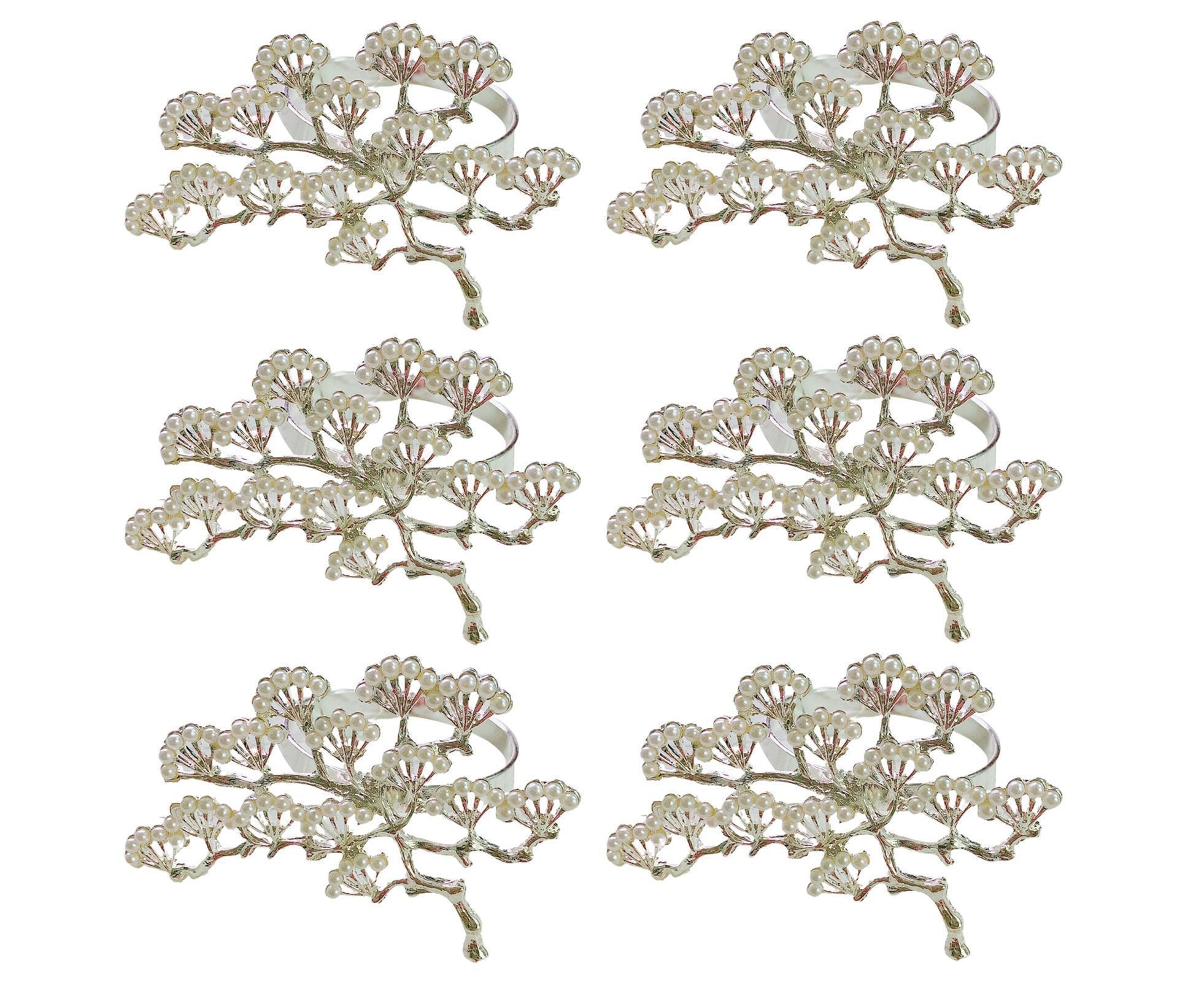 6Pcs Pine Tree Artificial Pearl Shape Napkin Ring Party Dinner Table Decoration-Silver