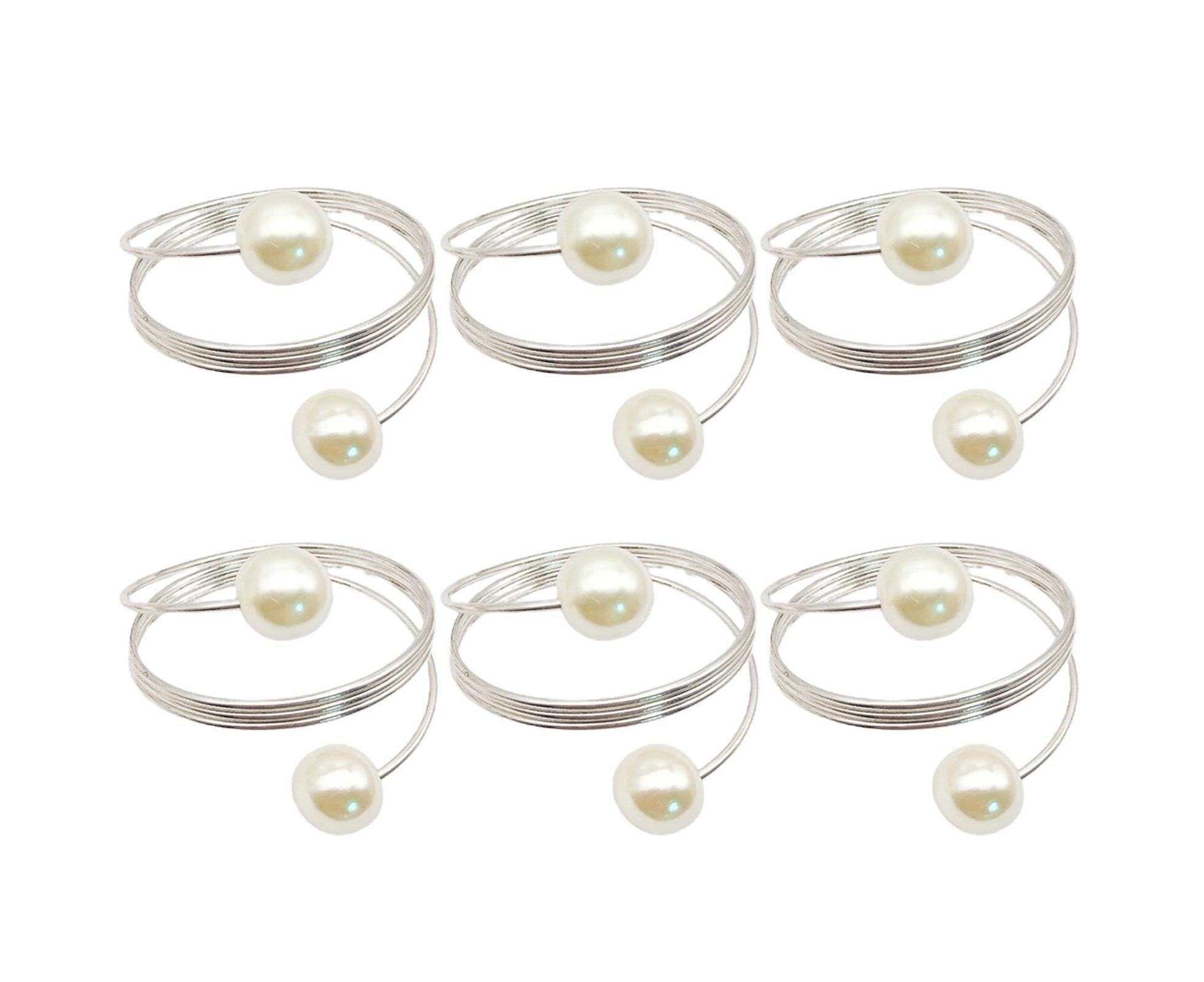6Pcs Artificial Pearl Spring Shape Towel Napkin Ring Hotel Party Banquet Decor-Silver