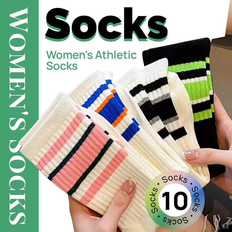 Socks - 10-Pack Women's Socks - American Retro Style - Fashionable Color-Blocking - Sporty Striped Socks - Soft - Breathable - Versatile and Stylish - Instagram-Worthy Style - All-Season - One-Size-Fits-All Women's Socks - Women's Ankle Socks - Color-Bloc