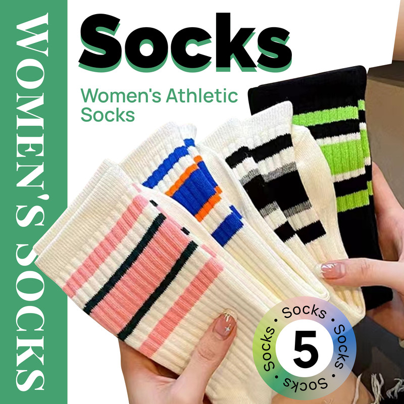 Socks - 5-Pack Women's Socks - American Retro Style - Fashionable Color-Blocking - Sporty Striped Socks - Soft - Breathable - Versatile and Stylish - Instagram-Worthy Style - All-Season - One-Size-Fits-All Women's Socks - Women's Ankle Socks - Color-Block