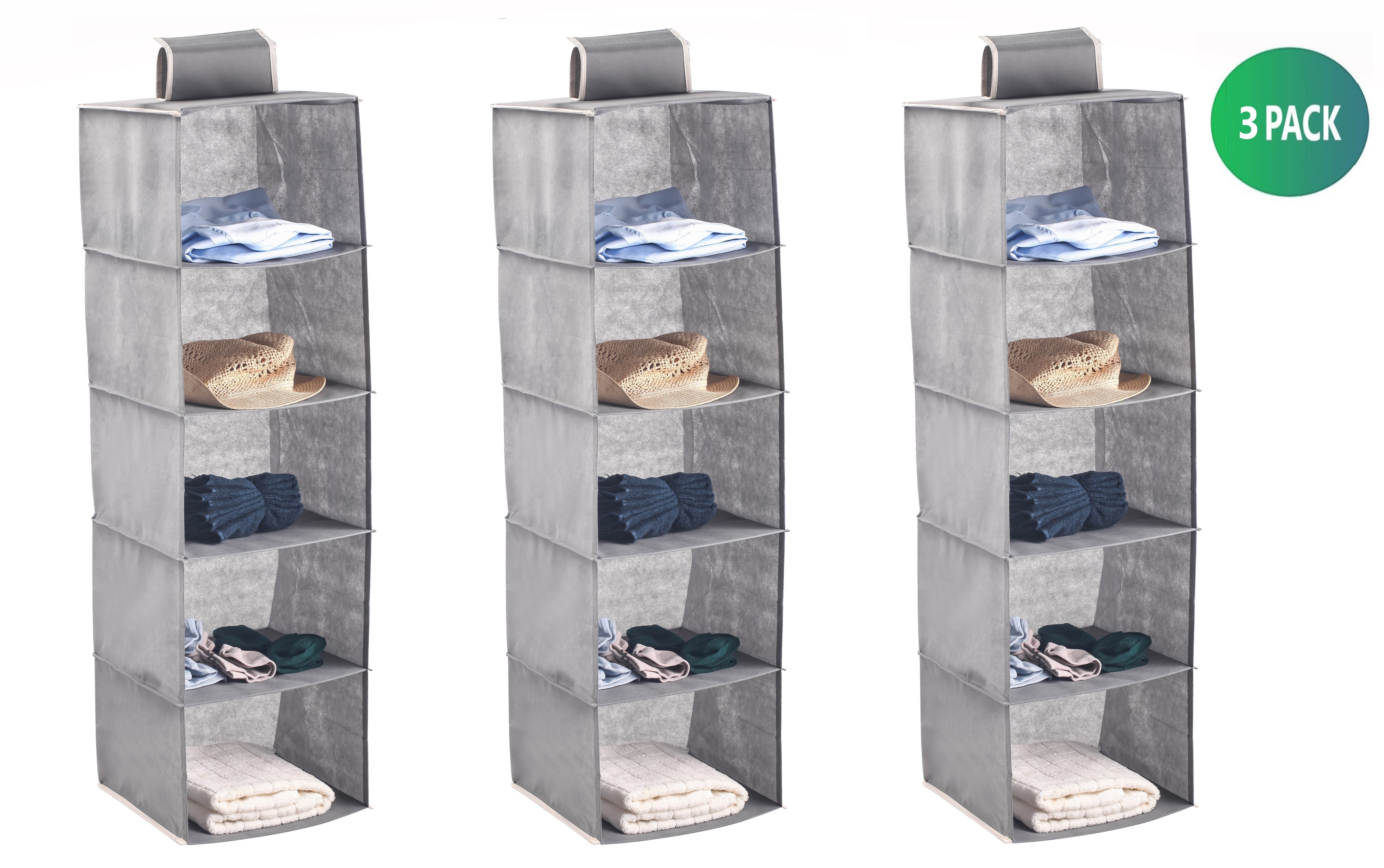 3 Pack 5-Tier Shelf Hanging Closet Organizer and Storage for Clothes (Grey)