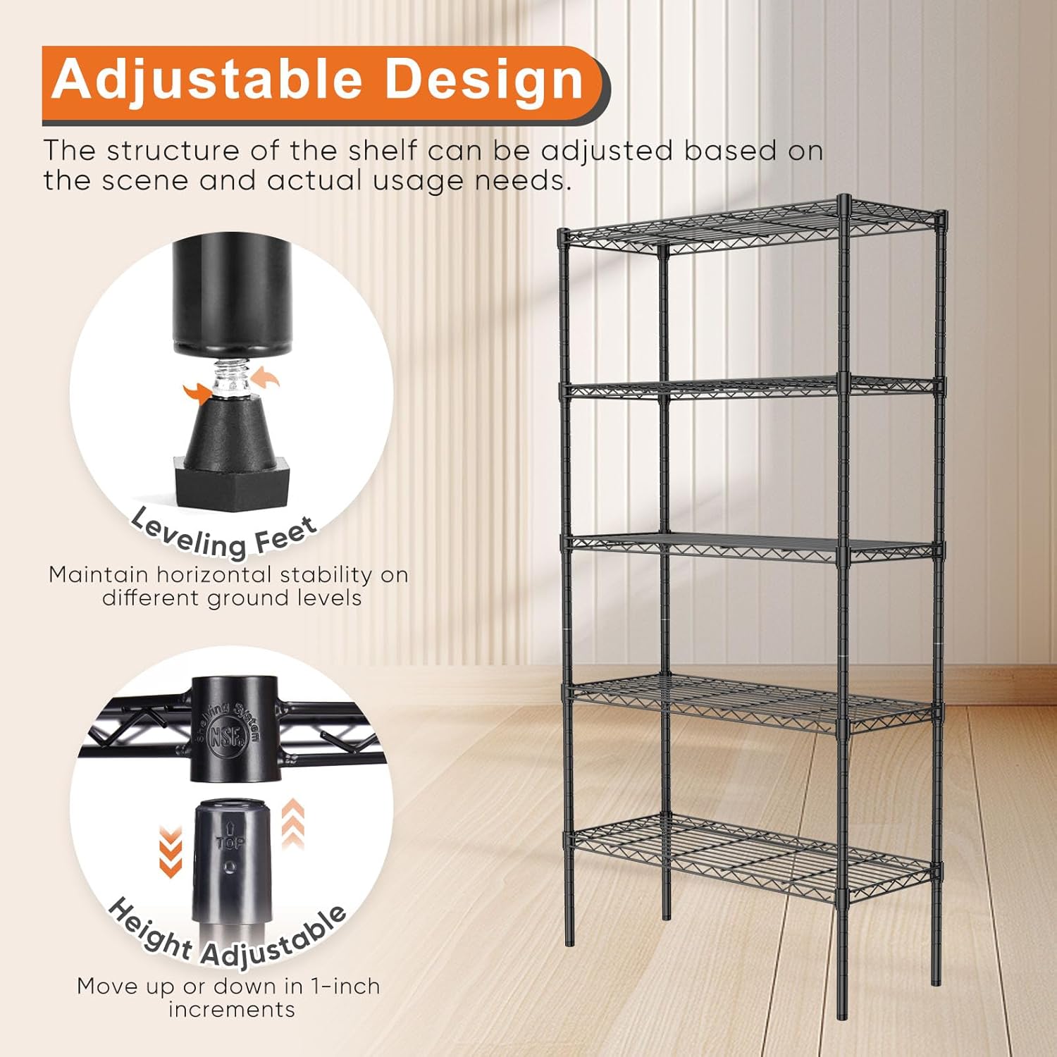 CARLA HOME 5-Tier Adjustable Metal Storage Shelves Wire Rack Organizer for Kitchen