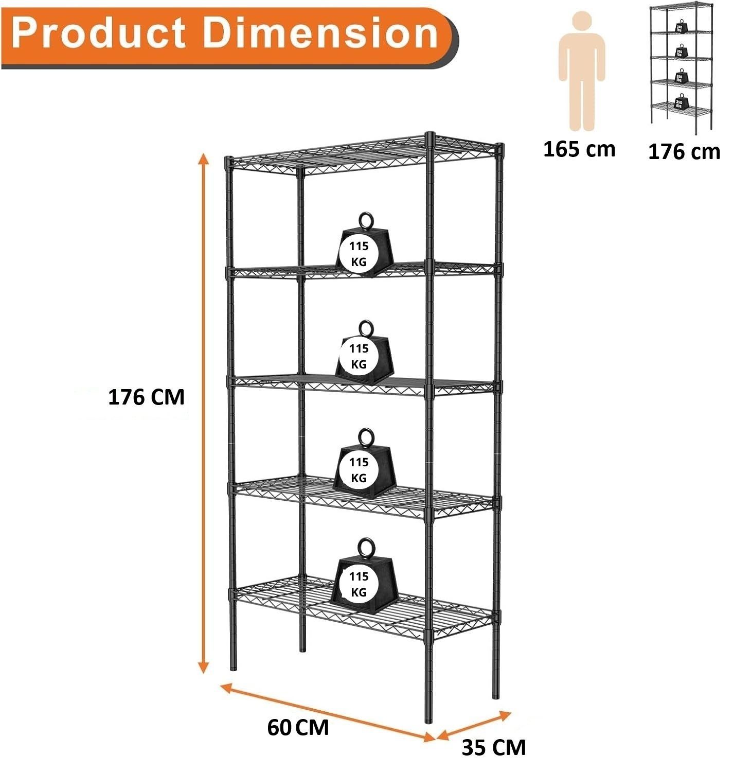 CARLA HOME 5-Tier Adjustable Metal Storage Shelves Wire Rack Organizer for Kitchen