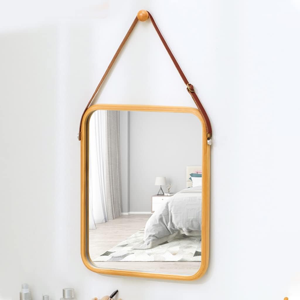 CARLA HOME Hanging Wall Mirror with Bamboo Frame with Adjustable Leather Strap for Bathroom