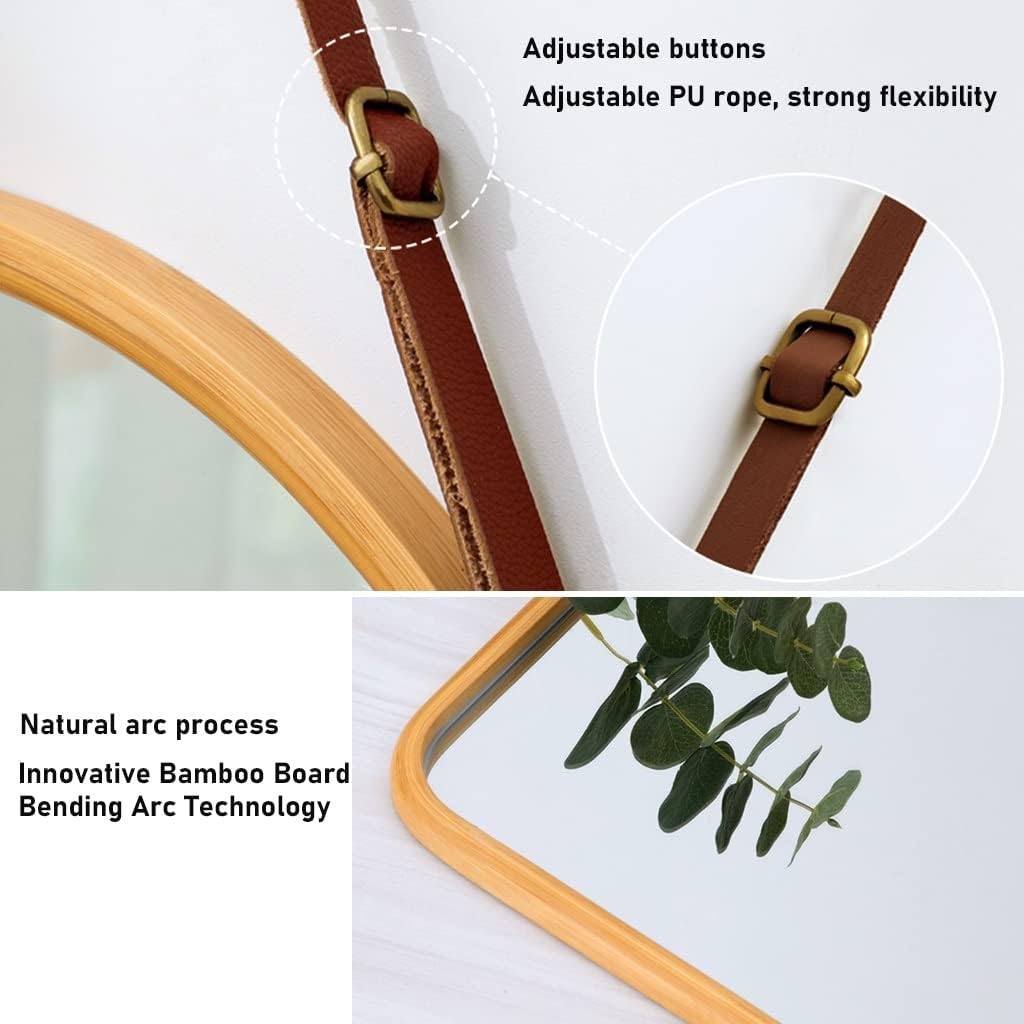 CARLA HOME Hanging Wall Mirror with Bamboo Frame with Adjustable Leather Strap for Bathroom