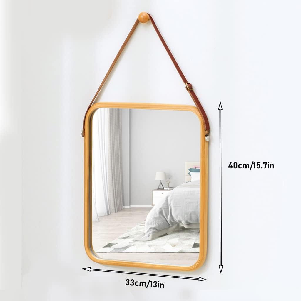 CARLA HOME Hanging Wall Mirror with Bamboo Frame with Adjustable Leather Strap for Bathroom