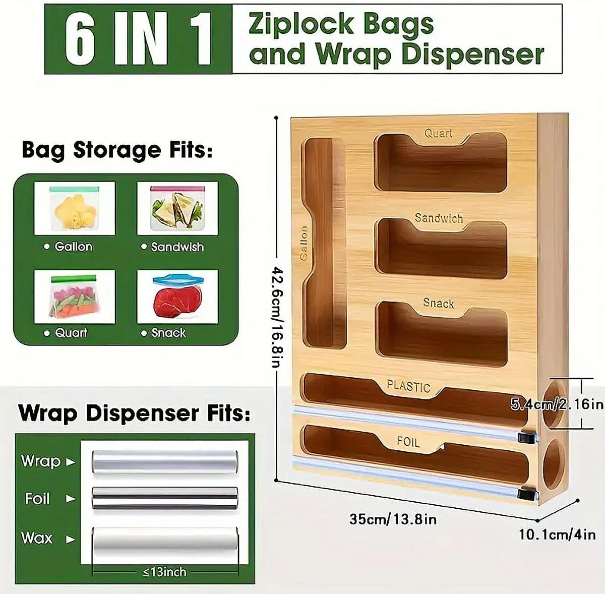 CARLA HOME 6-in-1 Bamboo Kitchen Drawer Organizer with Ziplock Bag Storage
