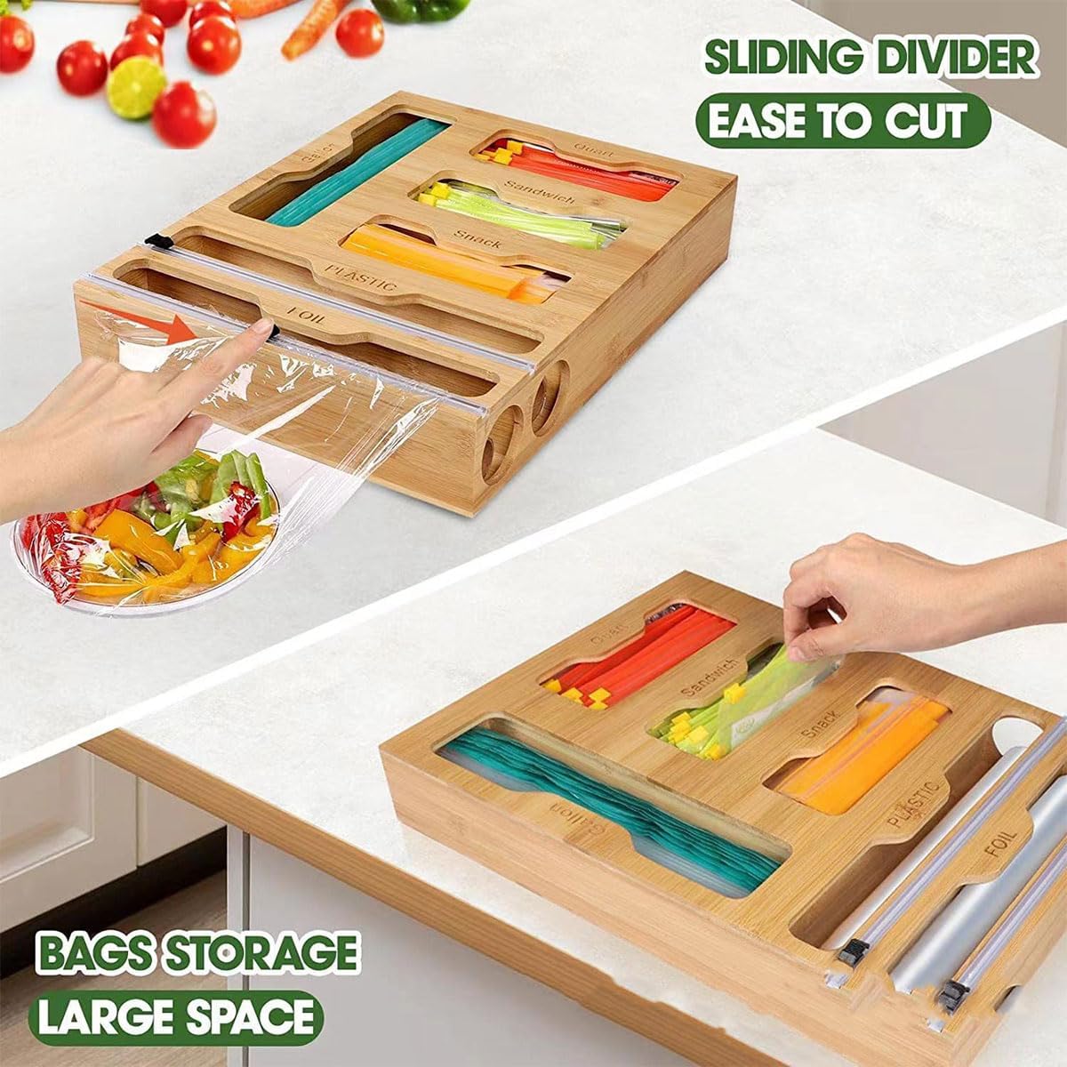 CARLA HOME 6-in-1 Bamboo Kitchen Drawer Organizer with Ziplock Bag Storage
