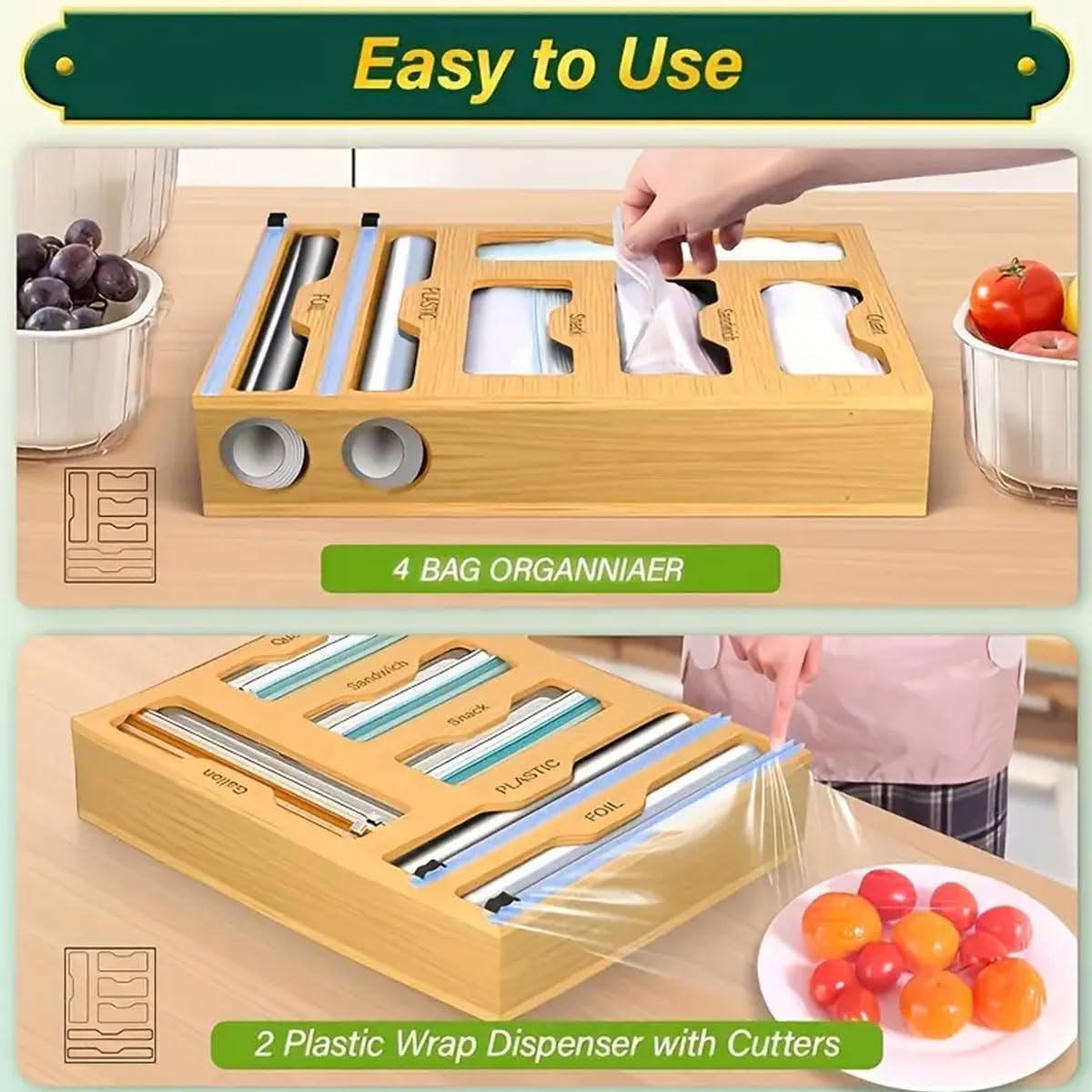 CARLA HOME 6-in-1 Bamboo Kitchen Drawer Organizer with Ziplock Bag Storage