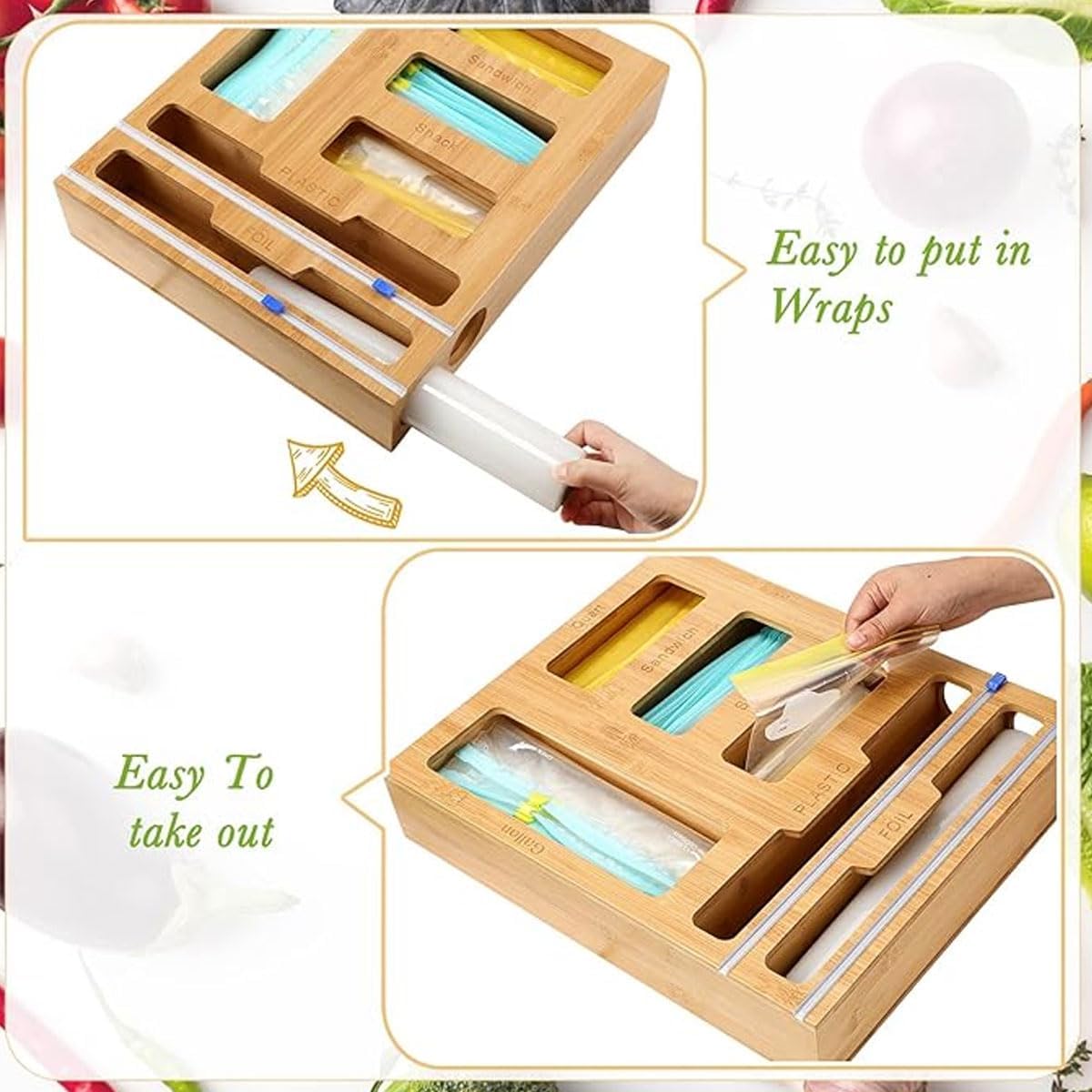 CARLA HOME 6-in-1 Bamboo Kitchen Drawer Organizer with Ziplock Bag Storage