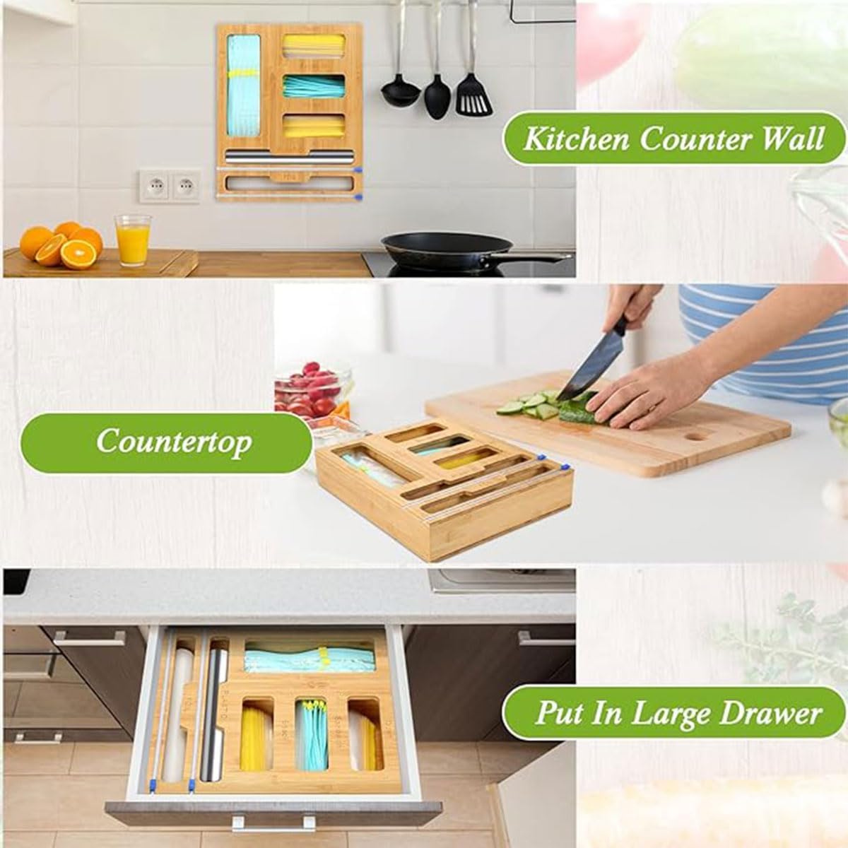 CARLA HOME 6-in-1 Bamboo Kitchen Drawer Organizer with Ziplock Bag Storage