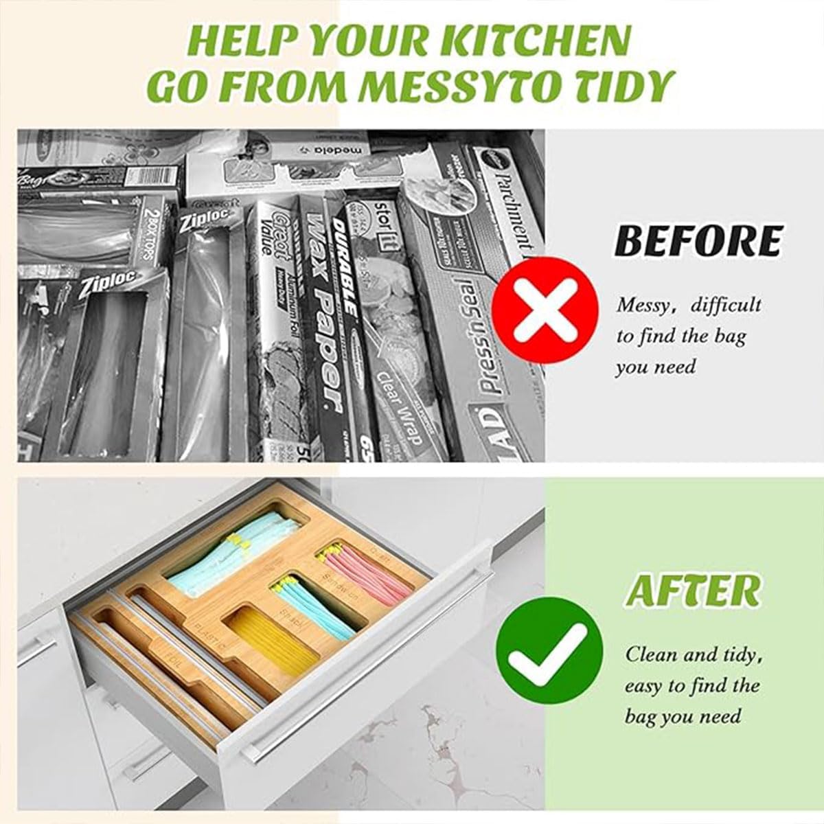 CARLA HOME 6-in-1 Bamboo Kitchen Drawer Organizer with Ziplock Bag Storage