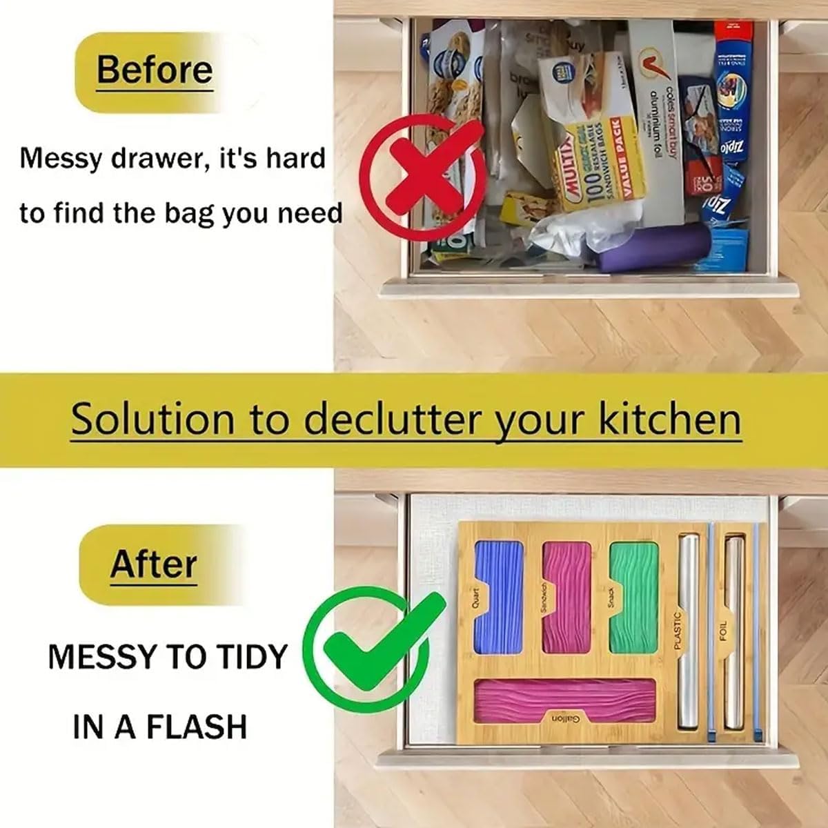 CARLA HOME 6-in-1 Bamboo Kitchen Drawer Organizer with Ziplock Bag Storage